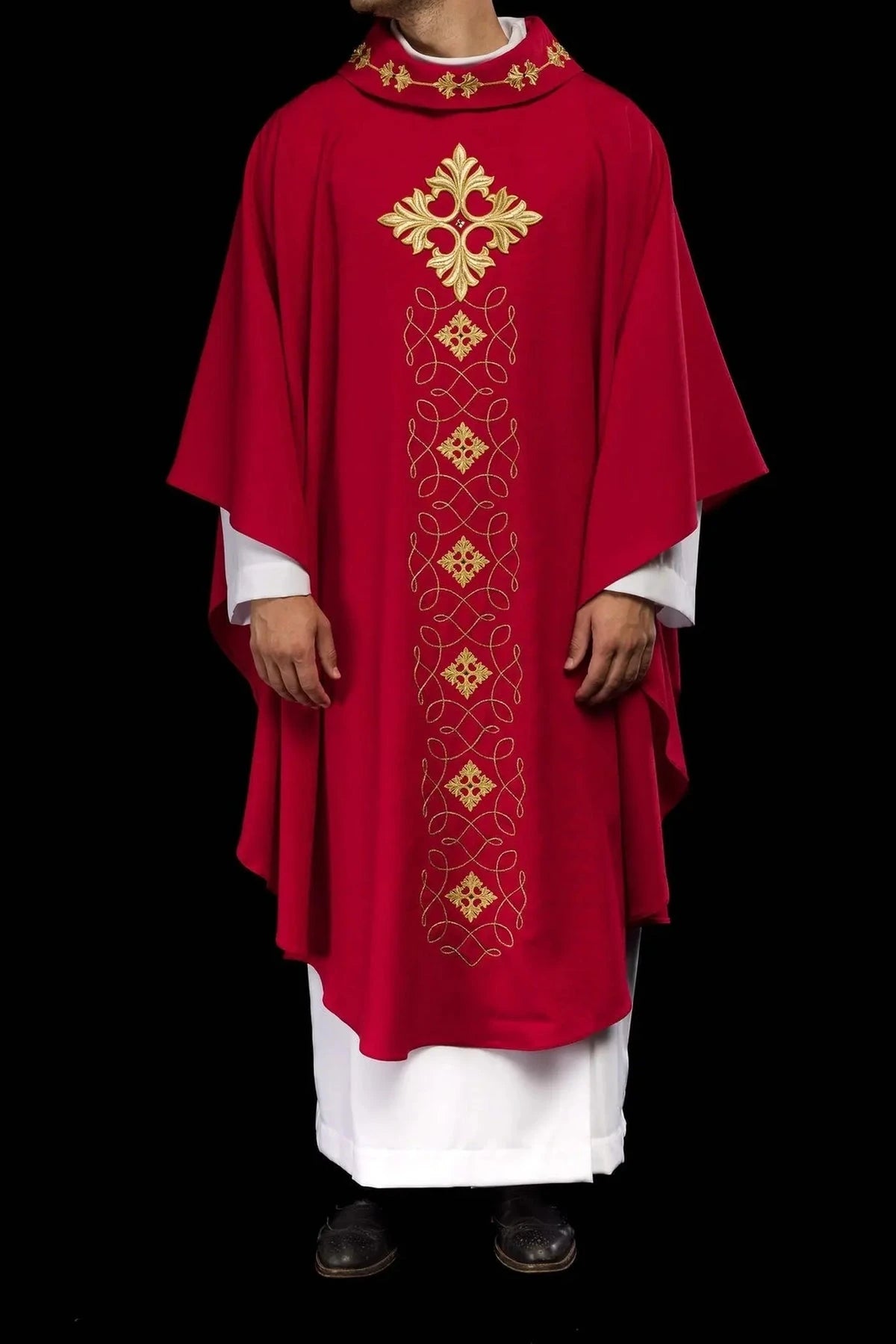 Richly Embroidered Red Chasuble with Cord and Decorative Stones — full view