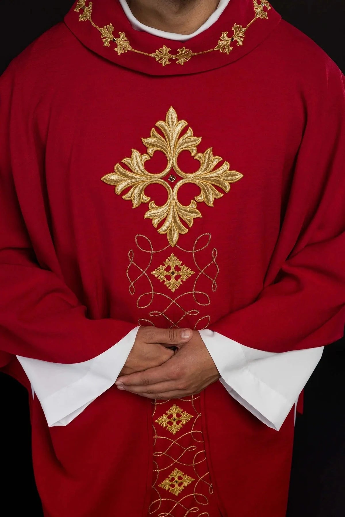 Richly Embroidered Red Chasuble with Cord and Decorative Stones — embroidery close-up