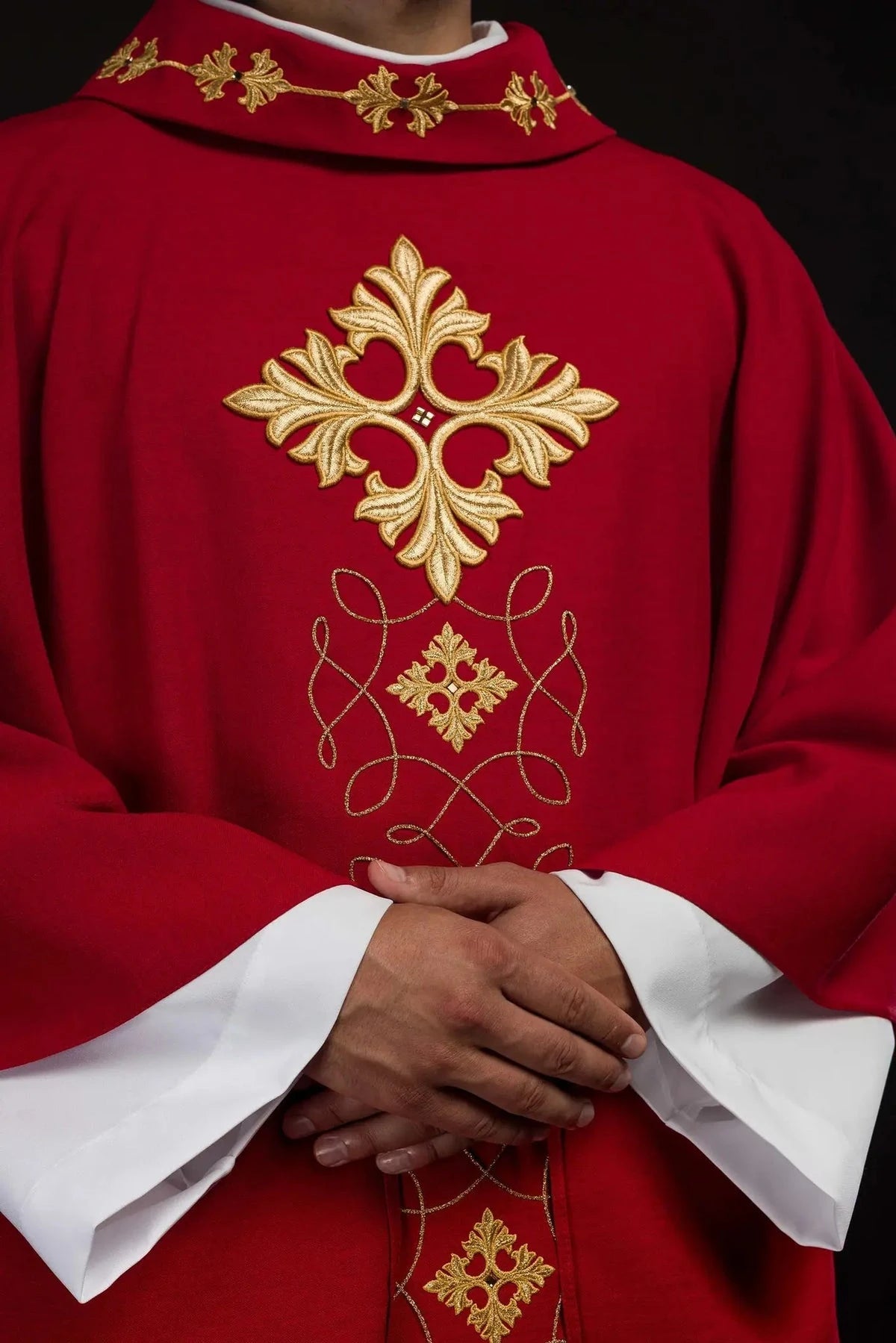 Richly Embroidered Red Chasuble with Cord and Decorative Stones — symbol detail