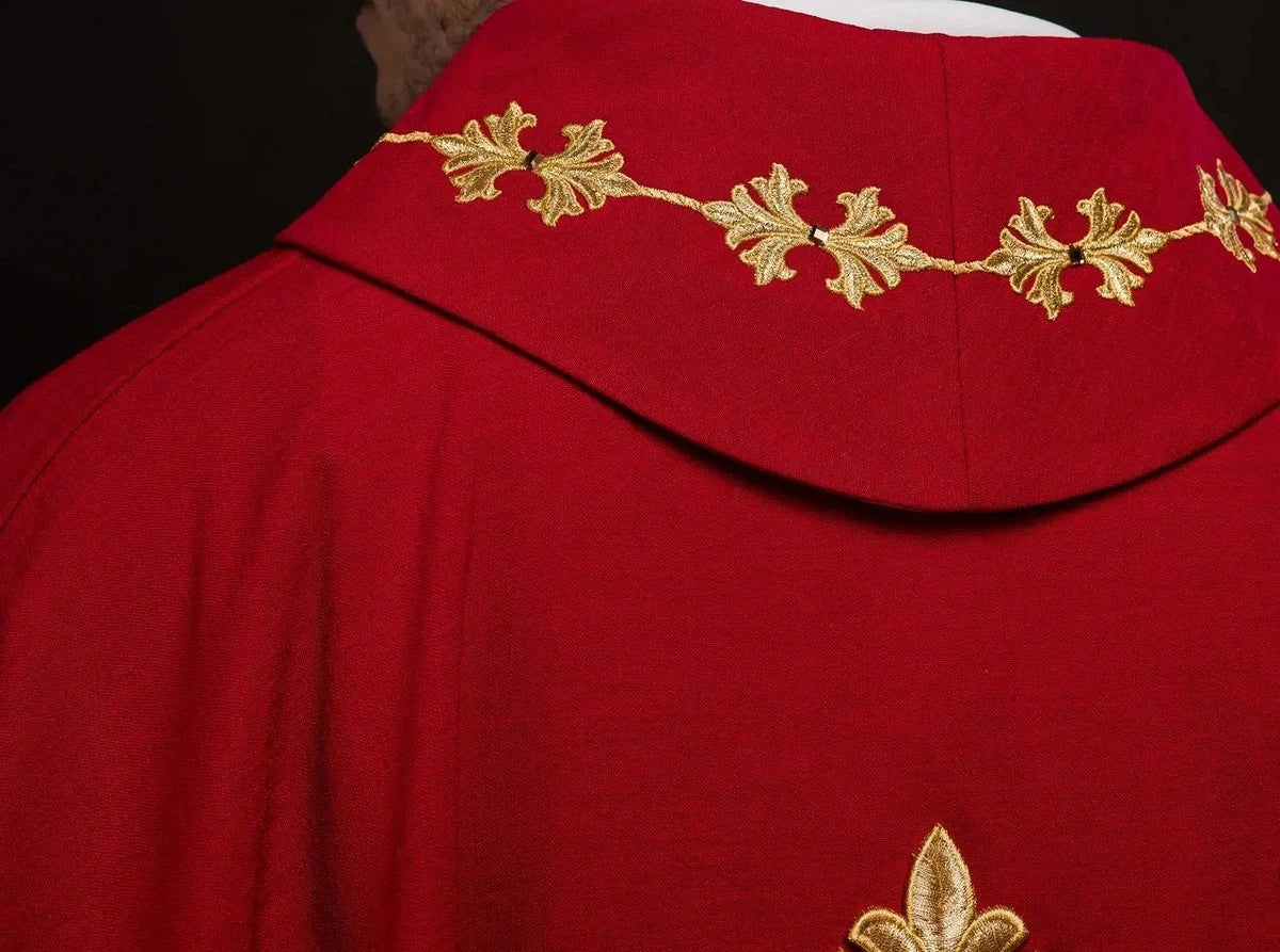 Richly Embroidered Red Chasuble with Cord and Decorative Stones — front view