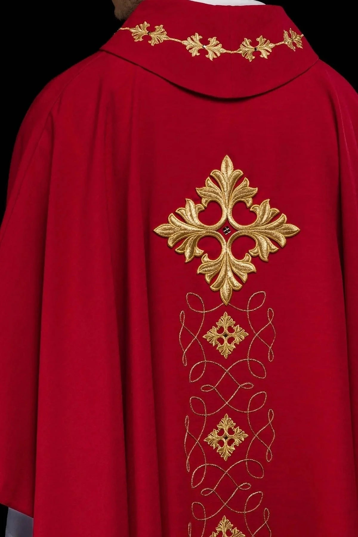 Richly Embroidered Red Chasuble with Cord and Decorative Stones — back view