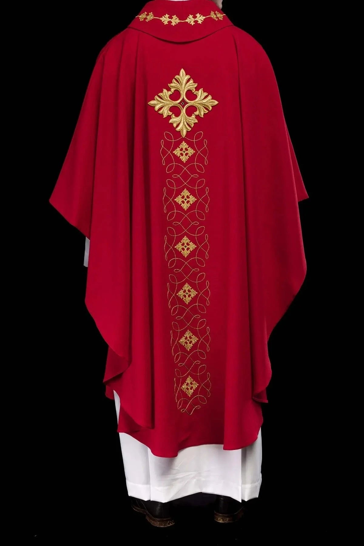 Richly Embroidered Red Chasuble with Cord and Decorative Stones — fit on celebrant