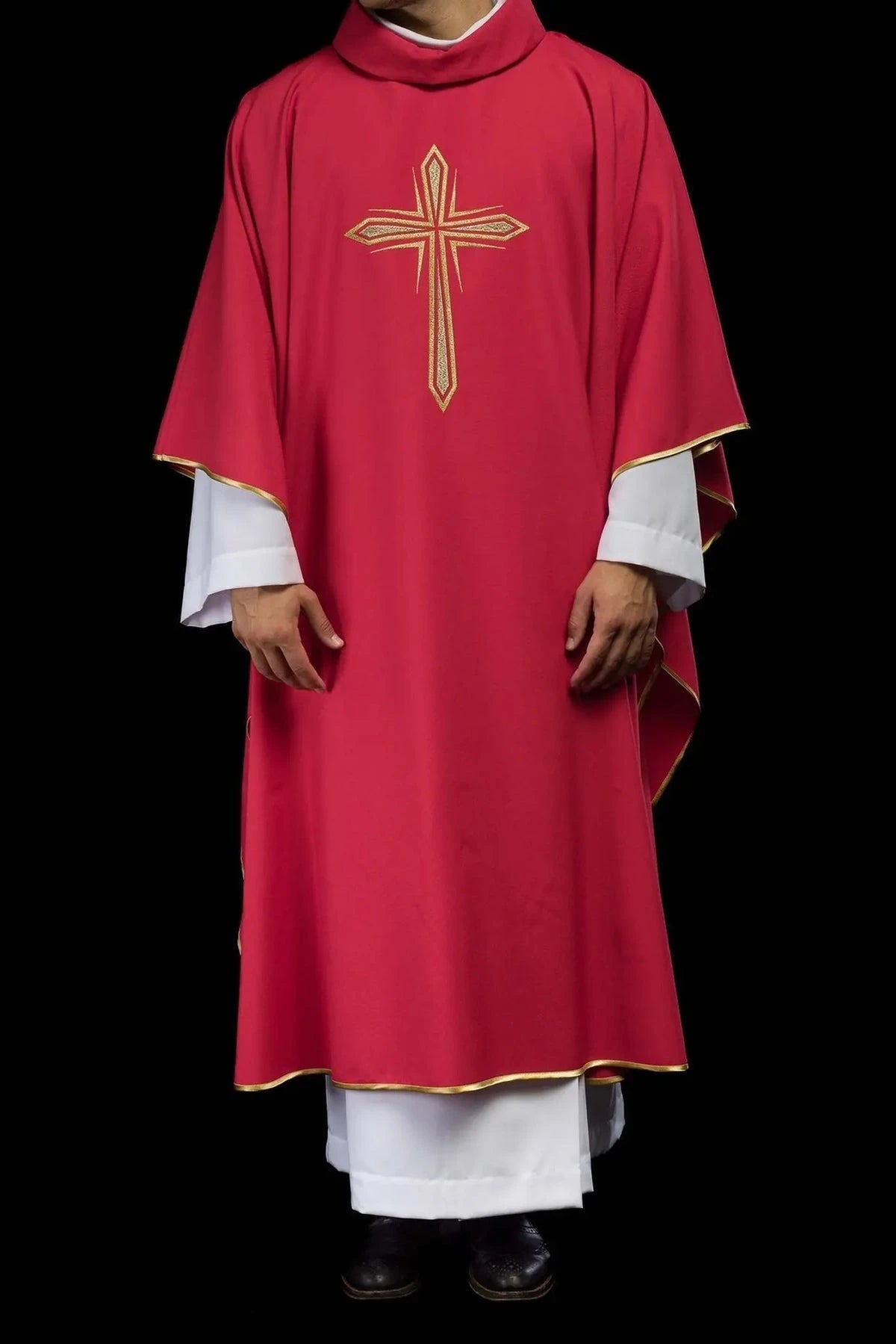 Red Chasuble with Embroidered Cross Design — full view