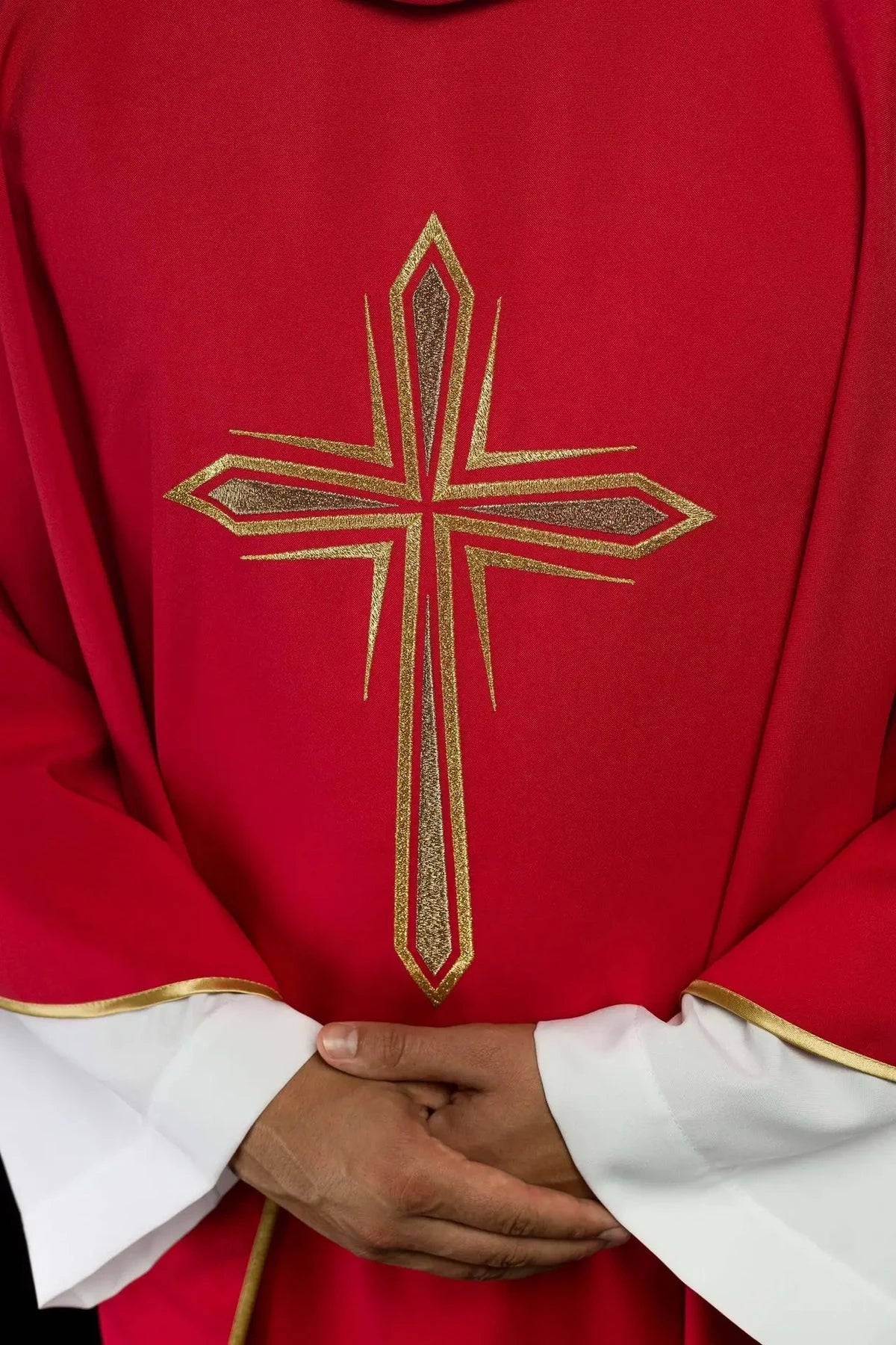 Red Chasuble with Embroidered Cross Design — embroidery close-up