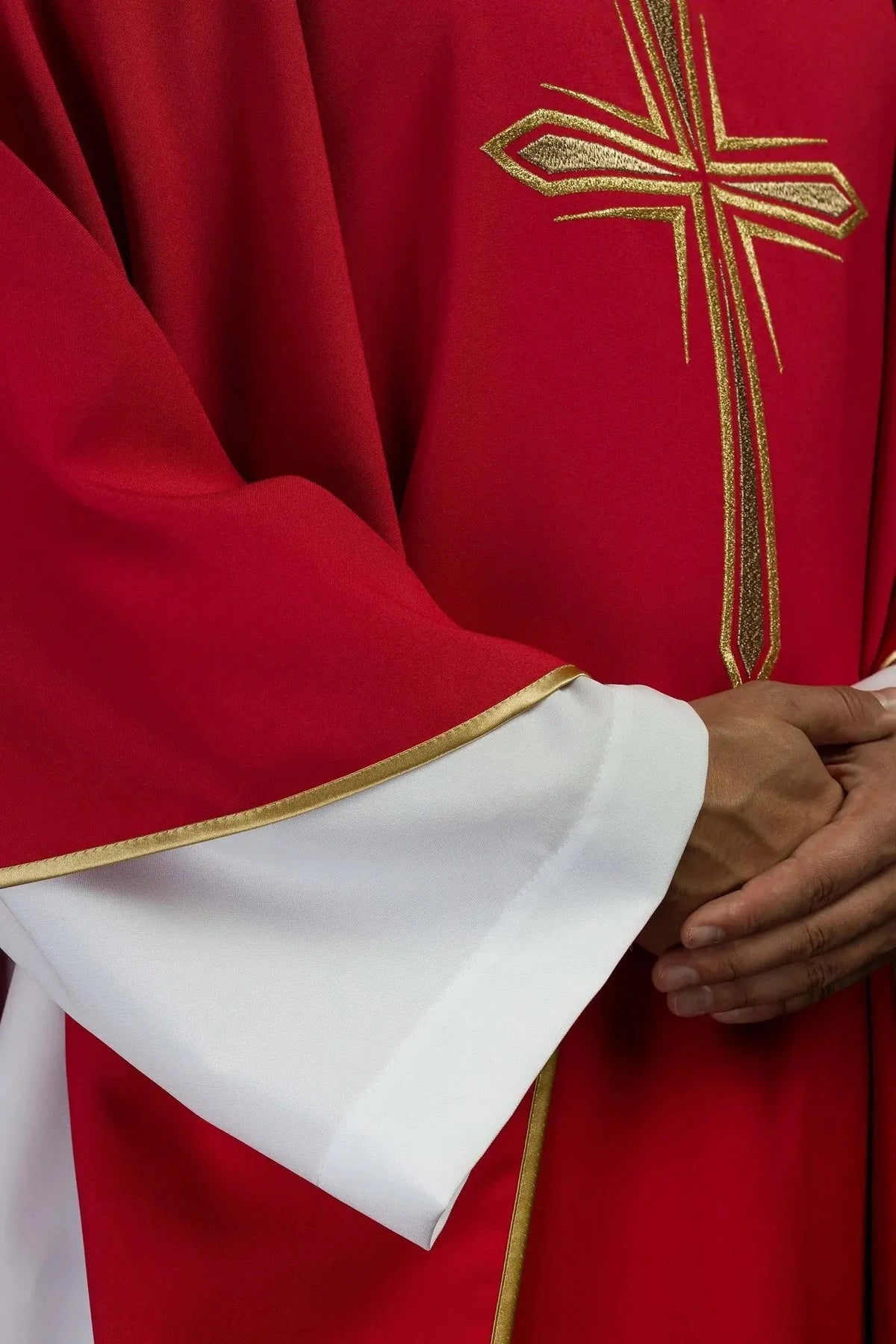 Red Chasuble with Embroidered Cross Design — symbol detail