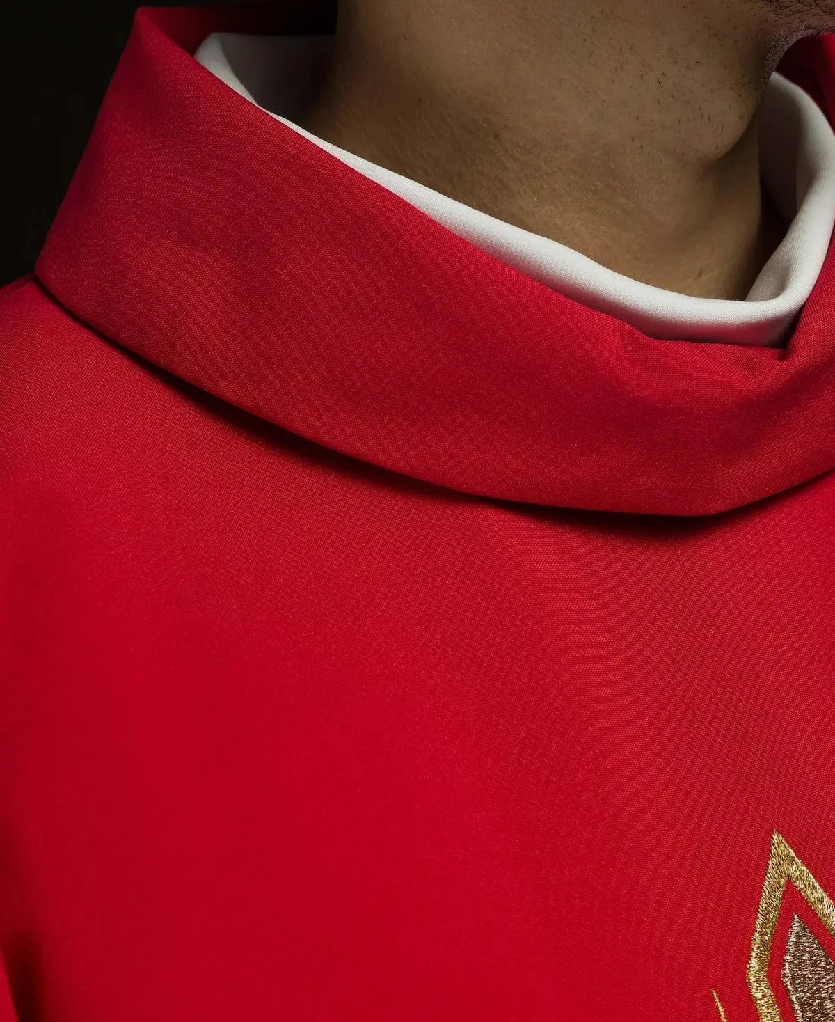 Red Chasuble with Embroidered Cross Design — collar finish