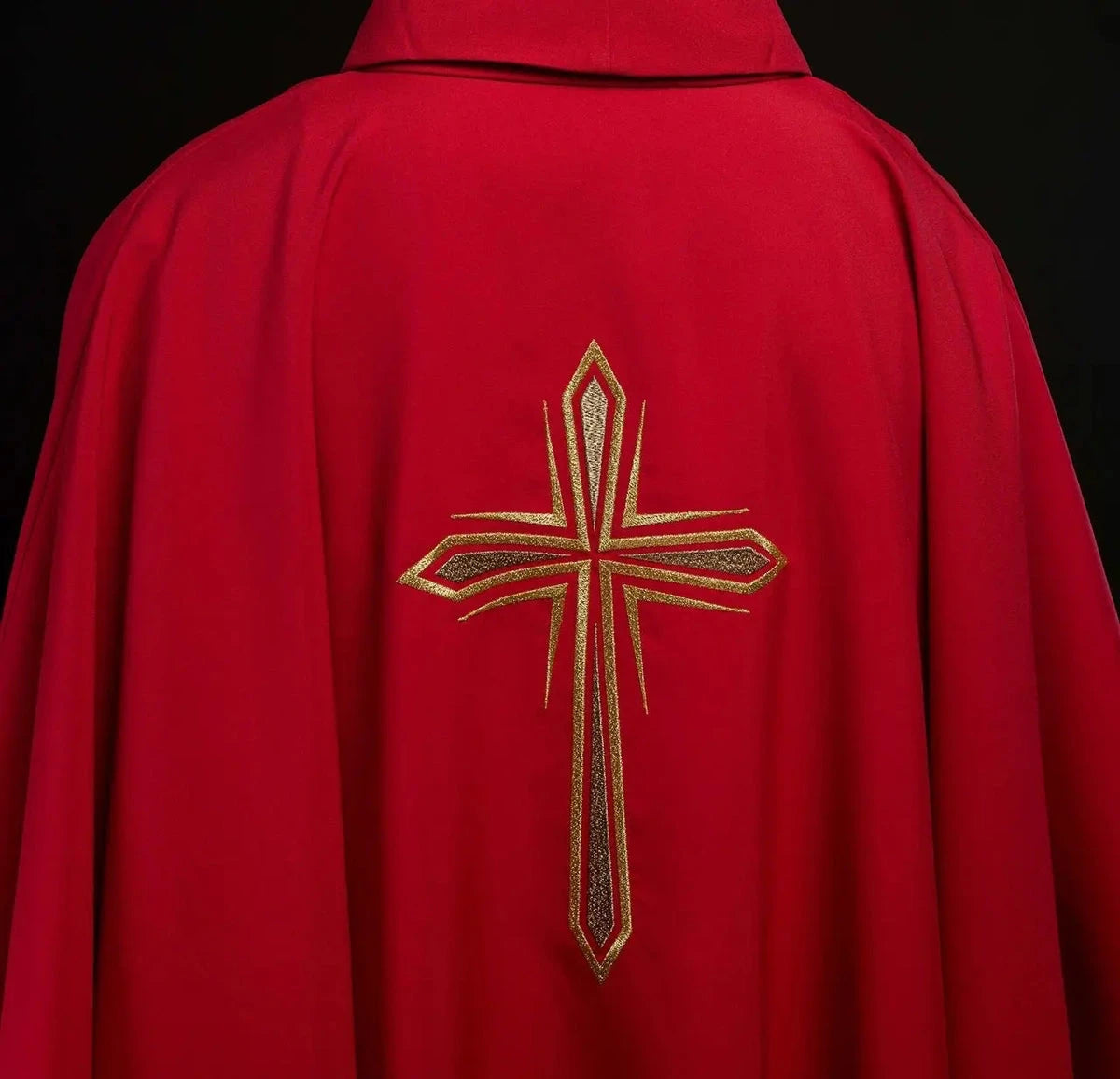 Red Chasuble with Embroidered Cross Design — front view