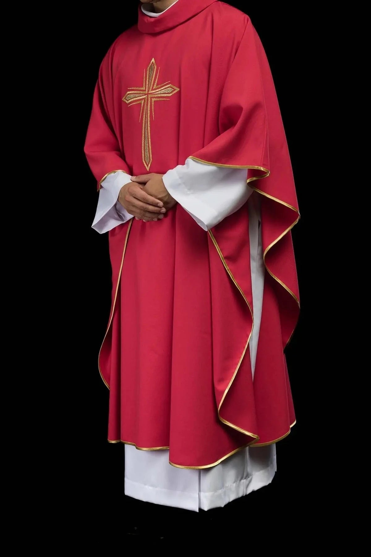 Red Chasuble with Embroidered Cross Design — fabric detail
