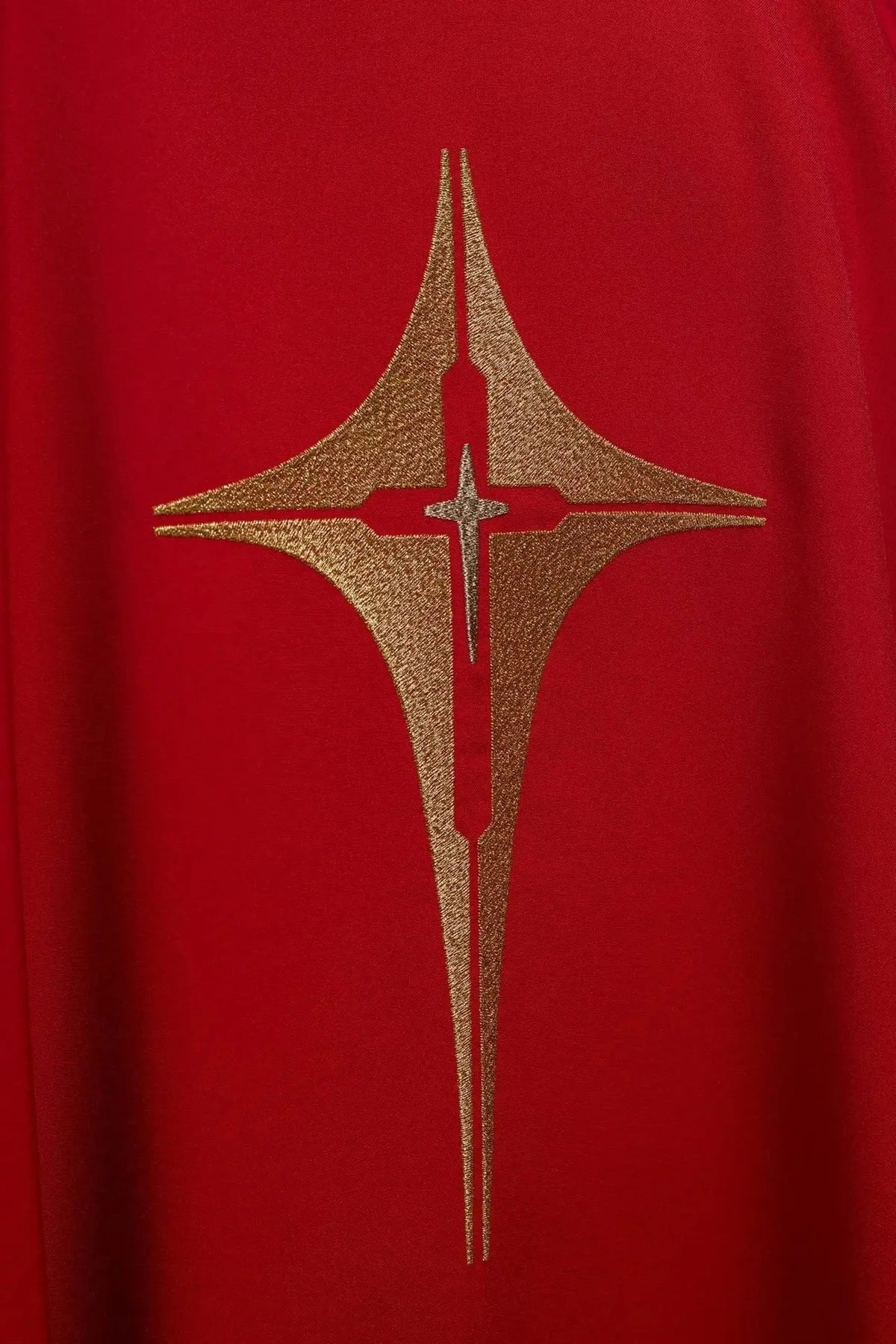 Red Chasuble with Embroidered Cross Motif — embroidery close-up