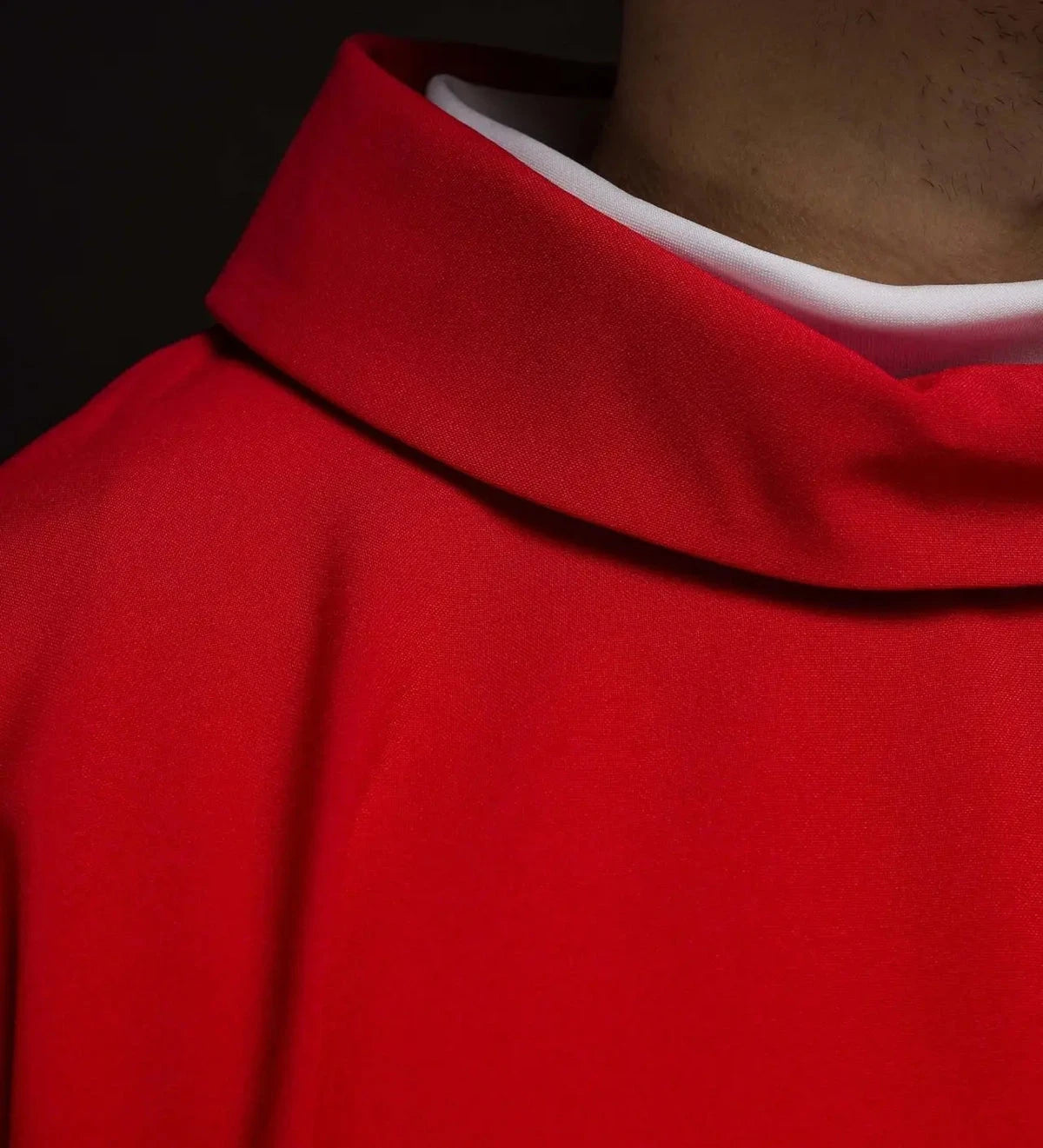 Red Chasuble with Embroidered Cross Motif — collar finish