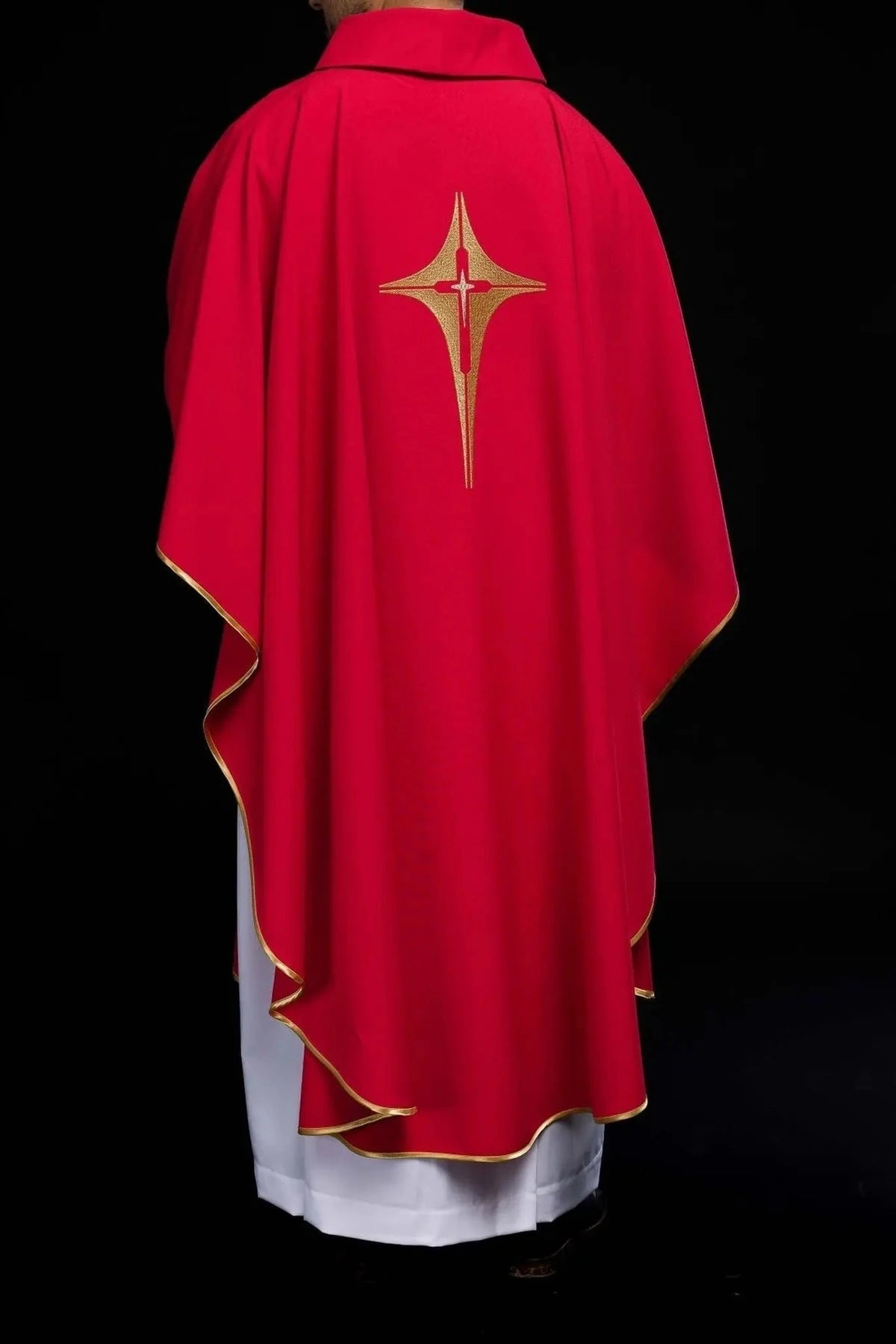 Red Chasuble with Embroidered Cross Motif — fabric detail