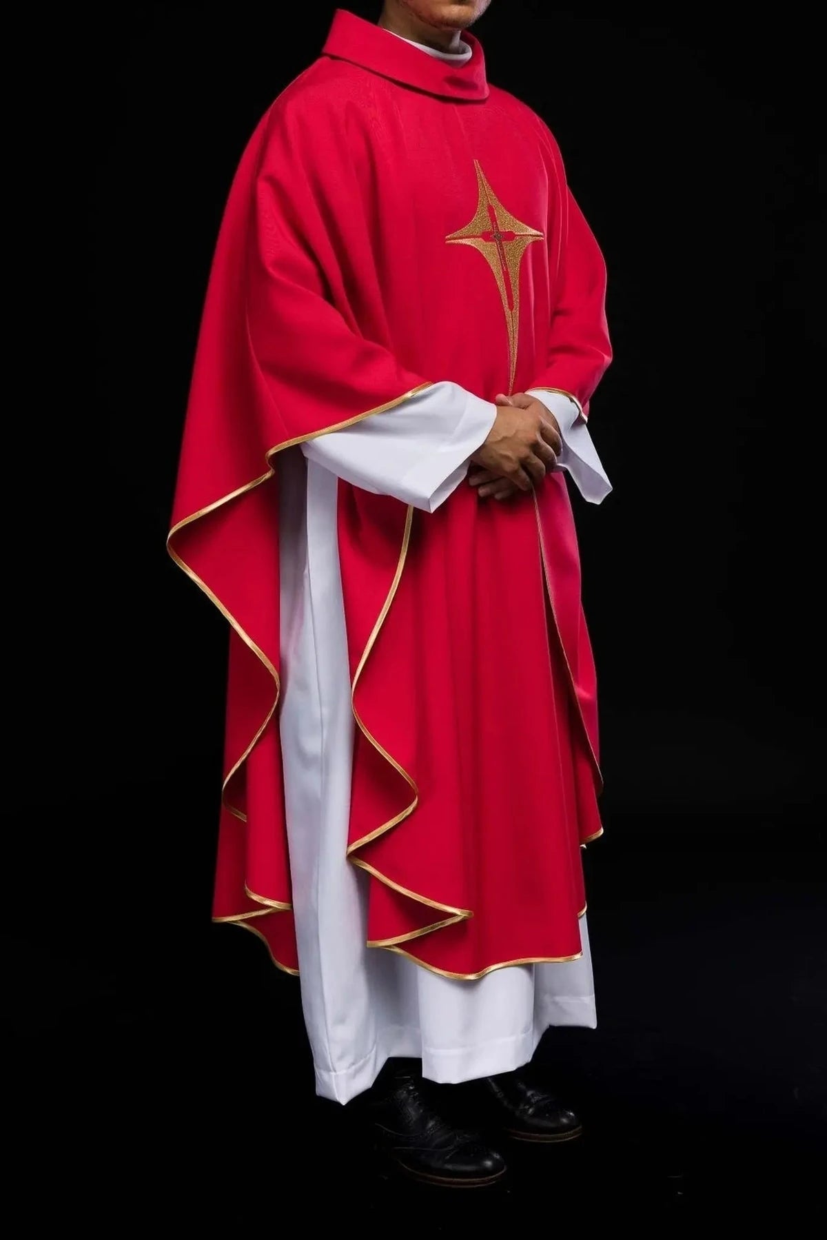 Red Chasuble with Embroidered Cross Motif — fit on celebrant