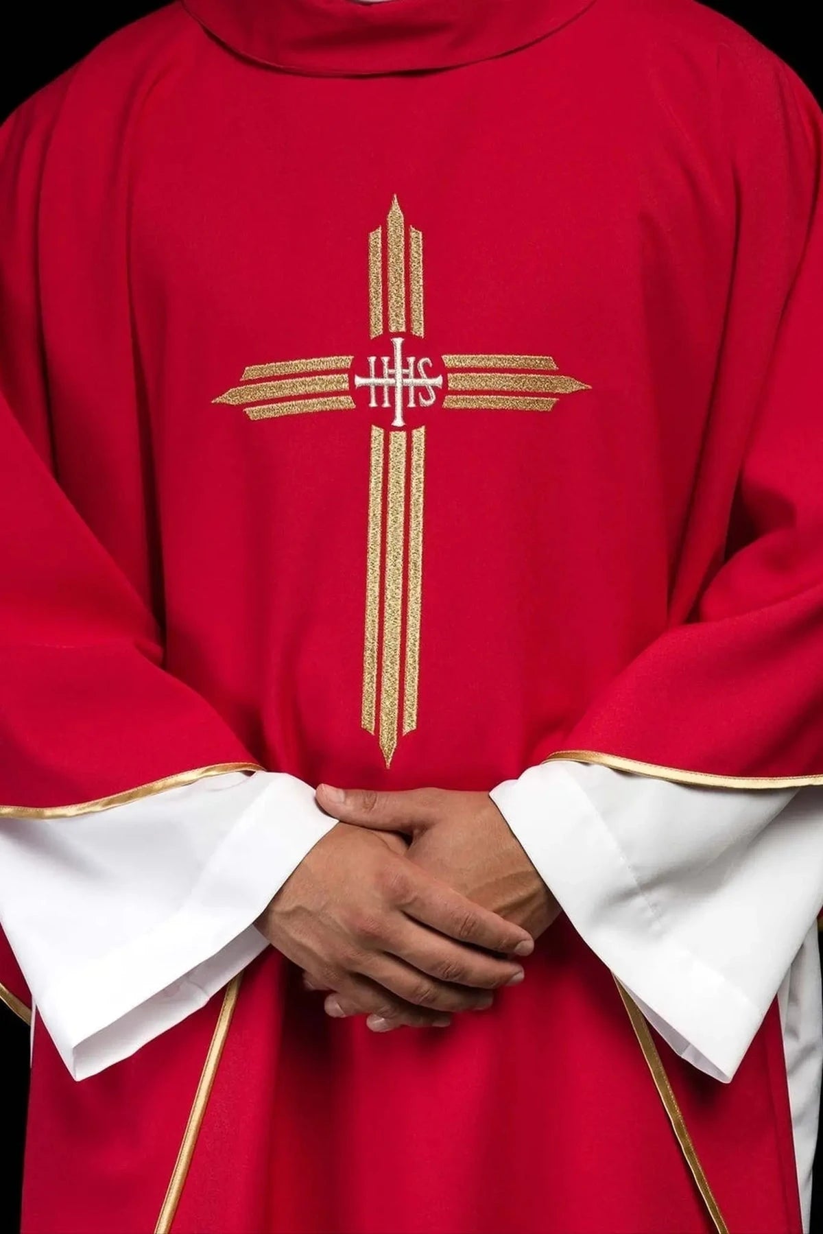 Red Chasuble with Embroidered IHS Cross — product view