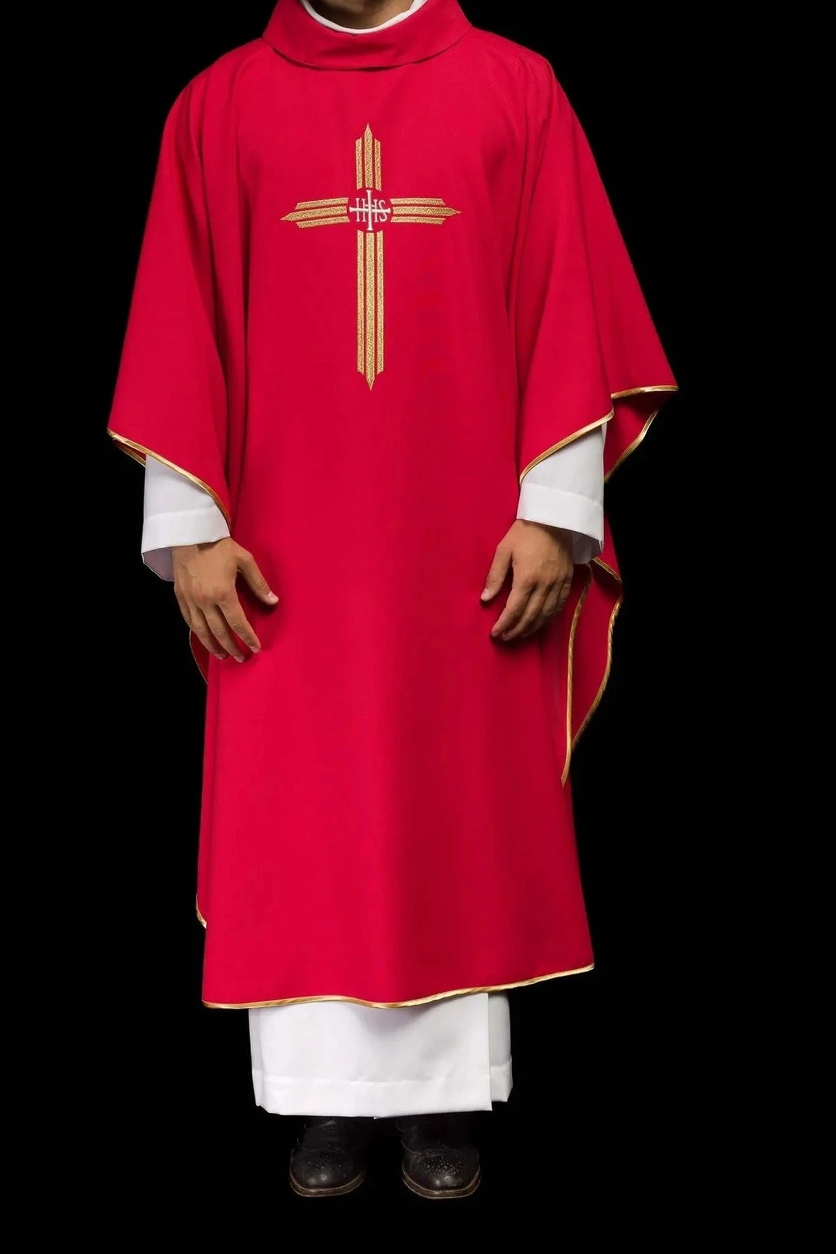 Red Chasuble with Embroidered IHS Cross — full view