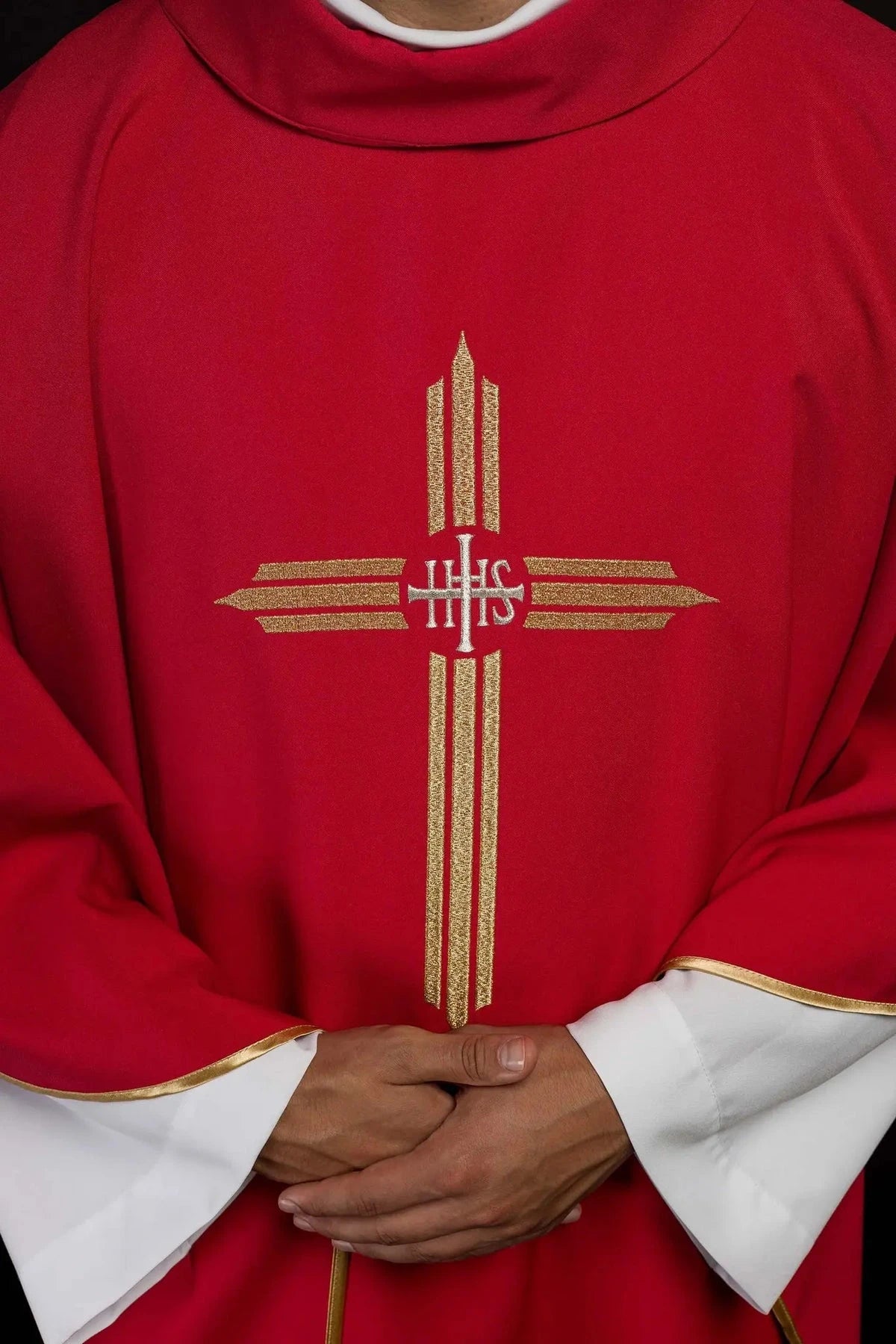 Red Chasuble with Embroidered IHS Cross — embroidery close-up