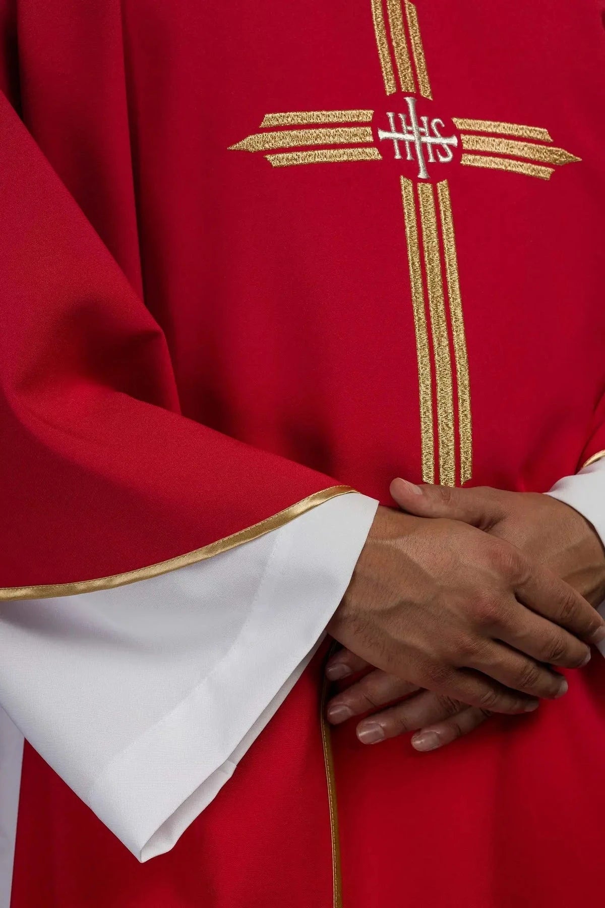 Red Chasuble with Embroidered IHS Cross — symbol detail
