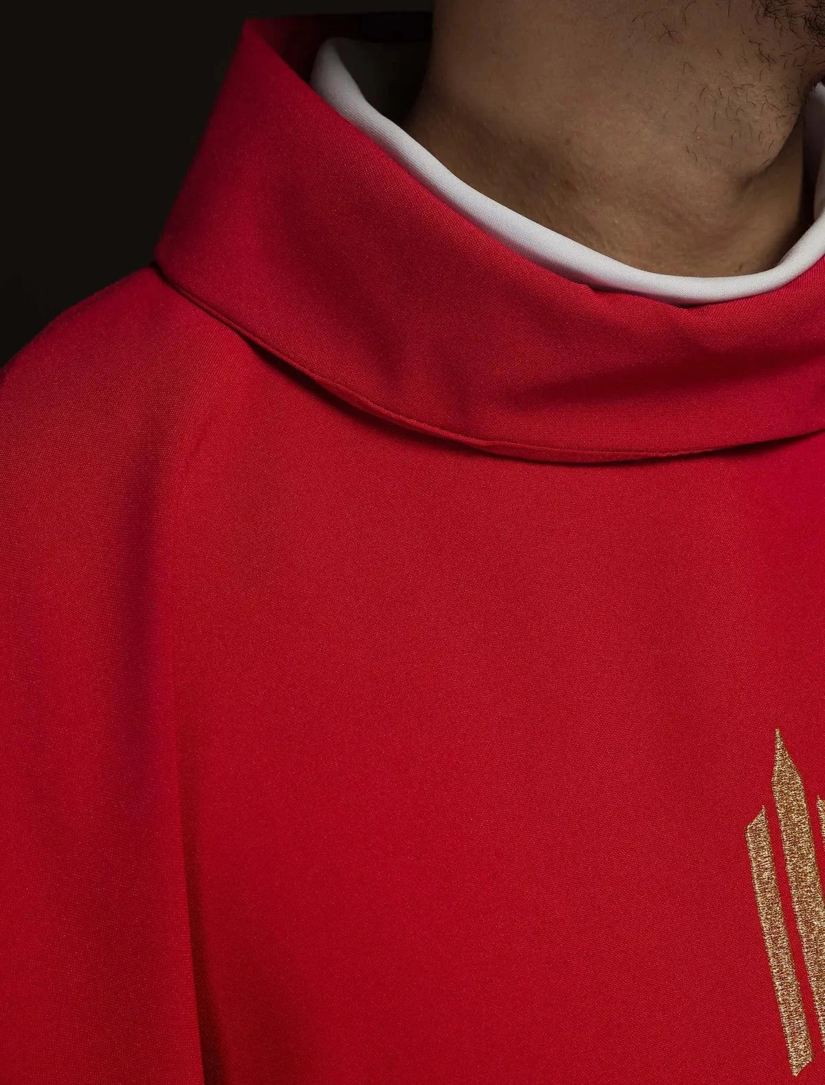 Red Chasuble with Embroidered IHS Cross — collar finish