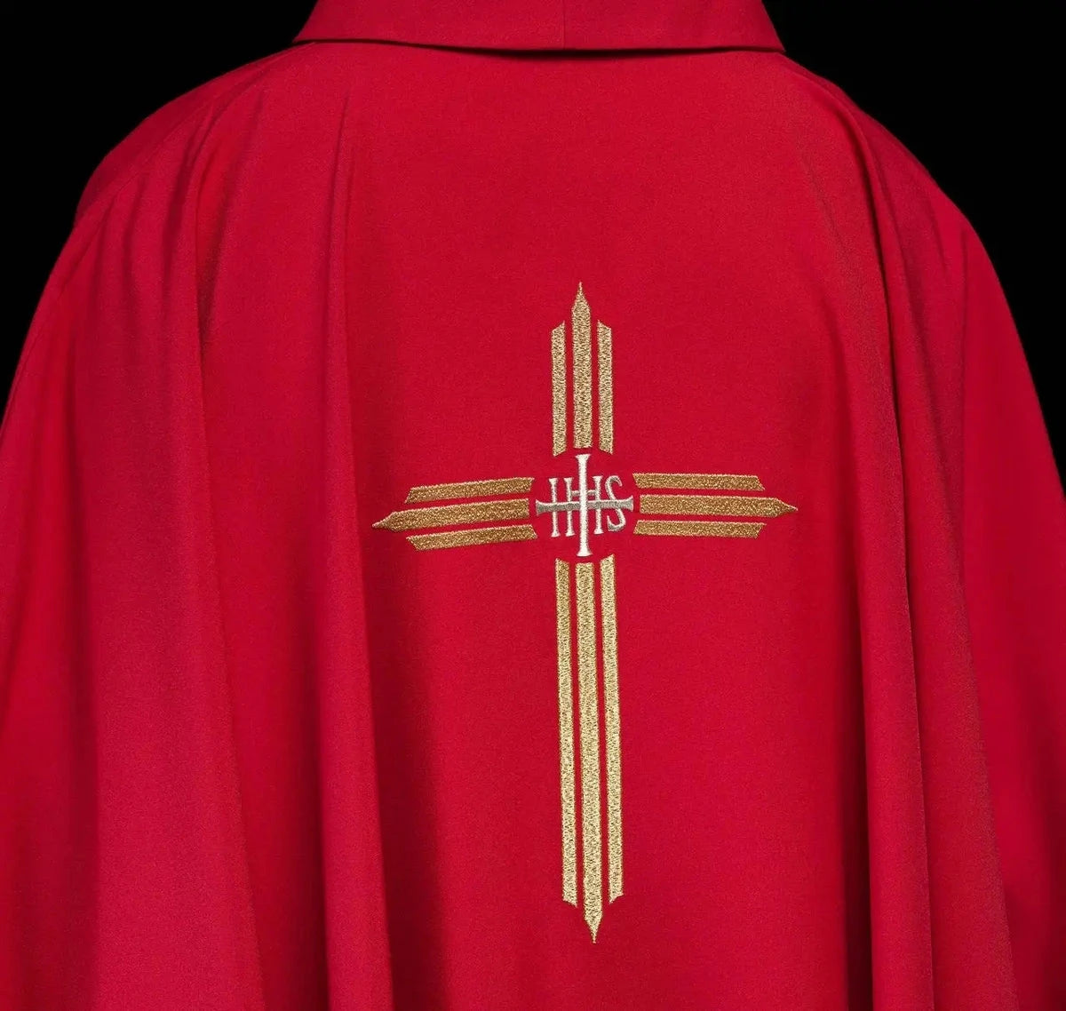 Red Chasuble with Embroidered IHS Cross — front view