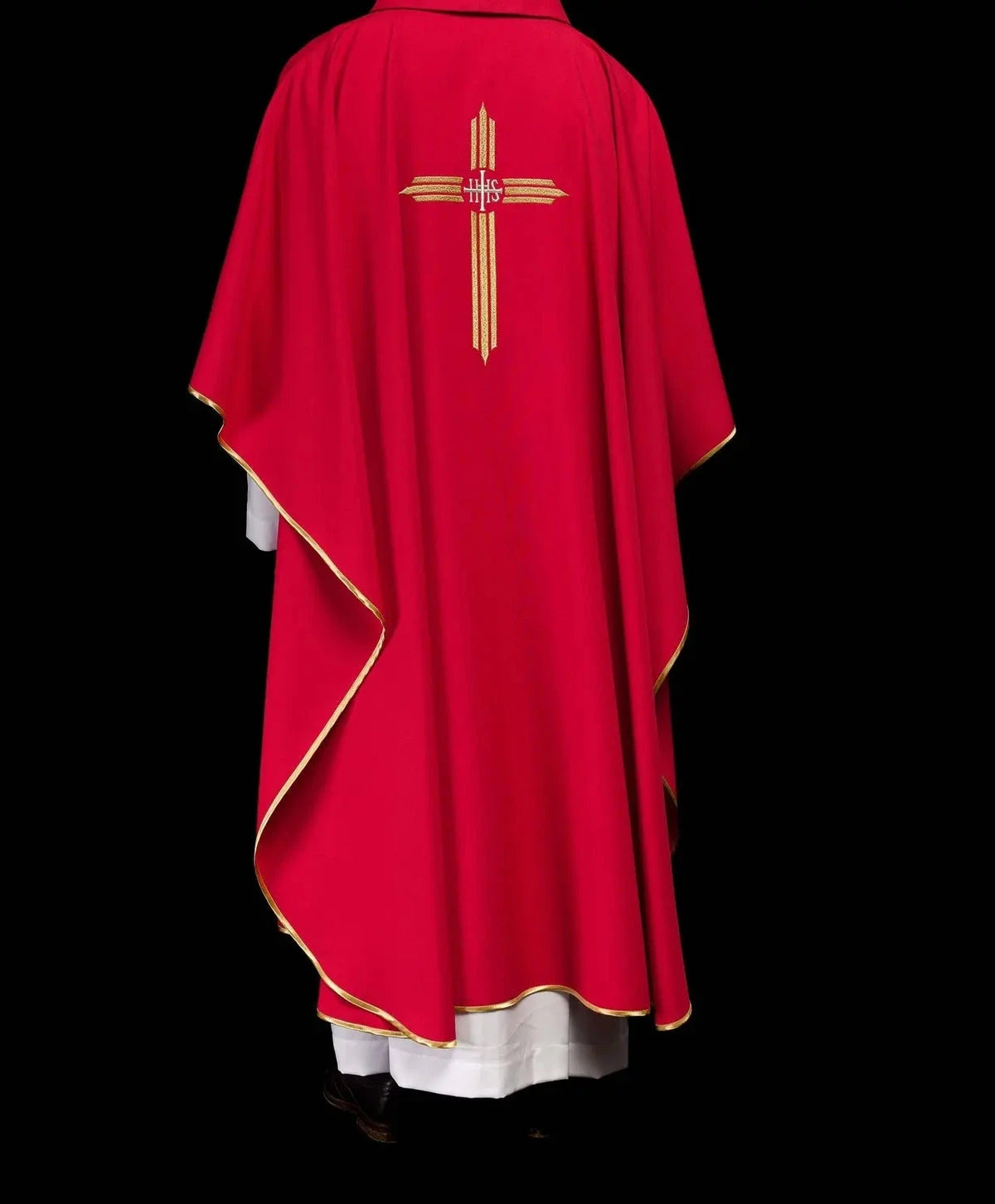 Red Chasuble with Embroidered IHS Cross — back view