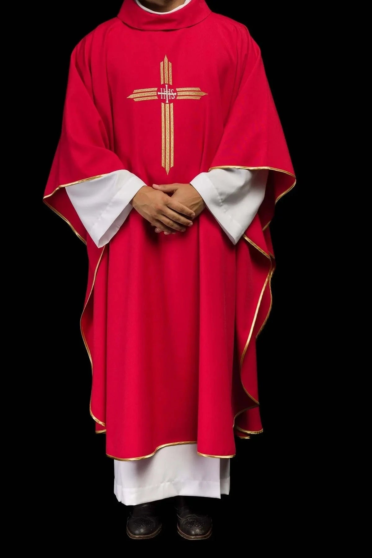 Red Chasuble with Embroidered IHS Cross — fabric detail