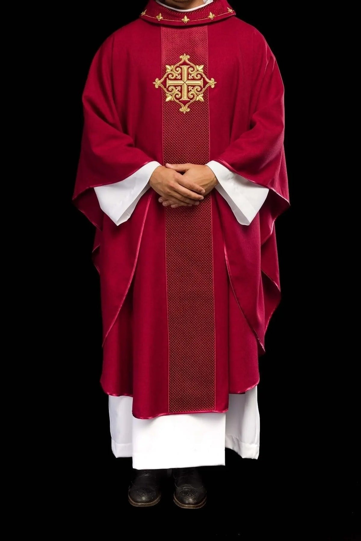 Red Chasuble Embroidered on Velvet with Red Cross — construction detail