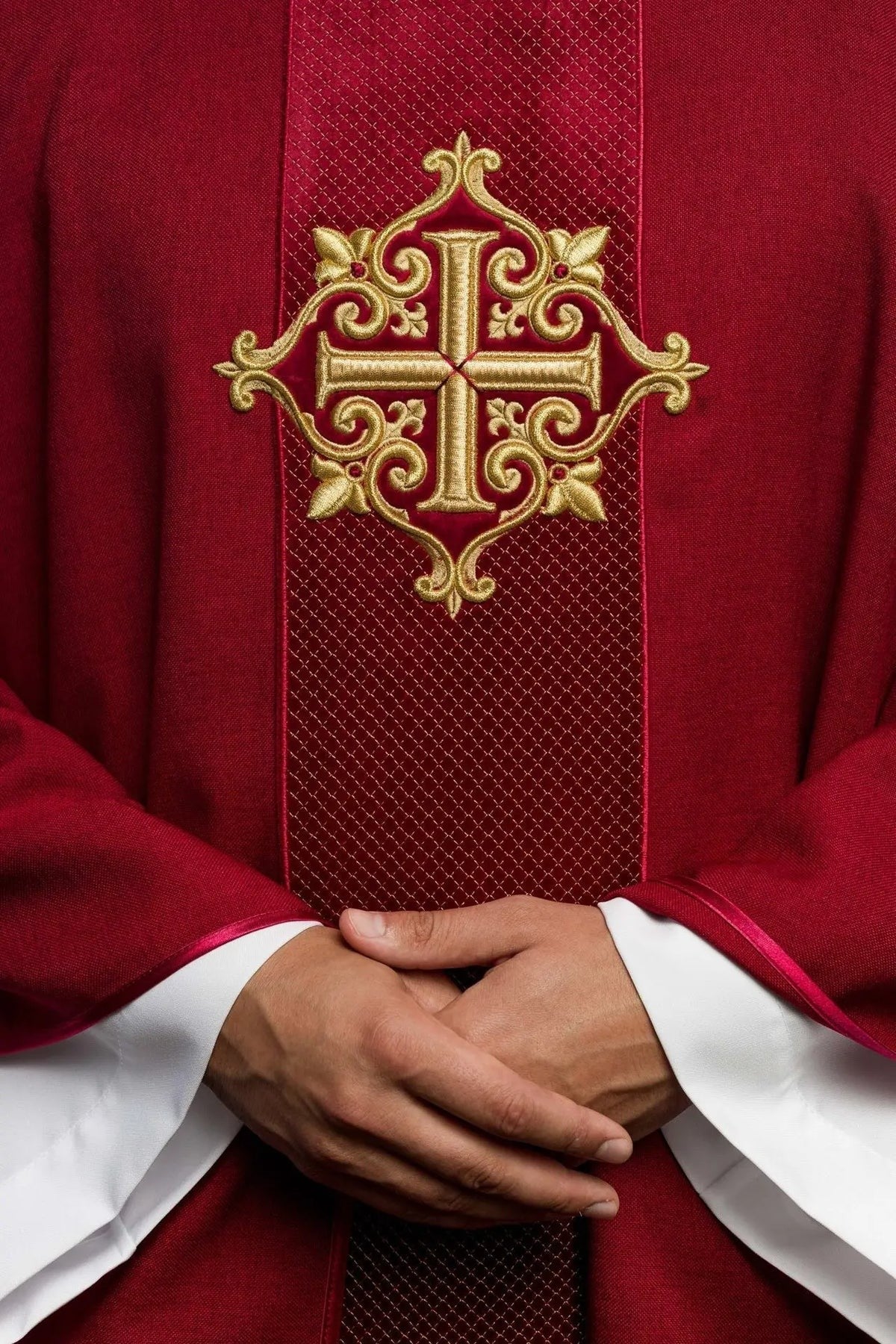 Red Chasuble Embroidered on Velvet with Red Cross — embroidery close-up