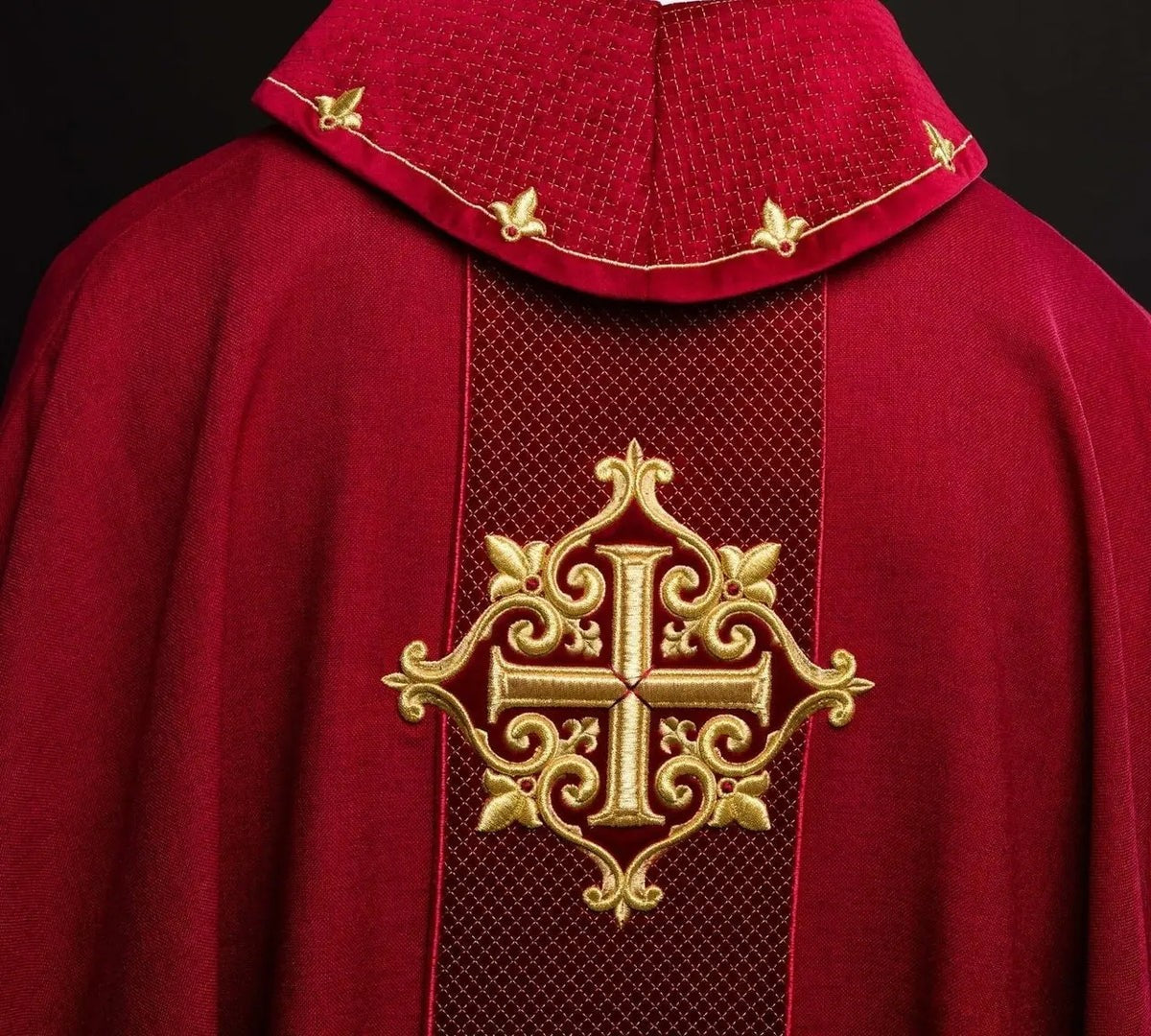 Red Chasuble Embroidered on Velvet with Red Cross — fabric detail