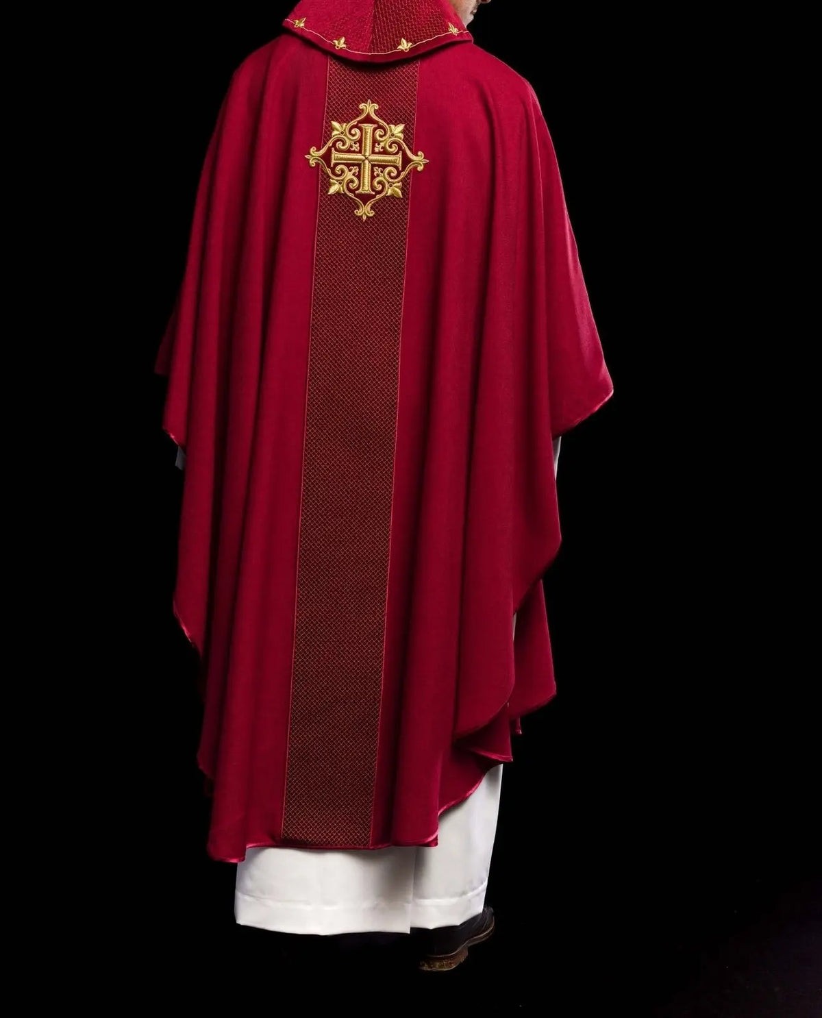 Red Chasuble Embroidered on Velvet with Red Cross — fit on celebrant
