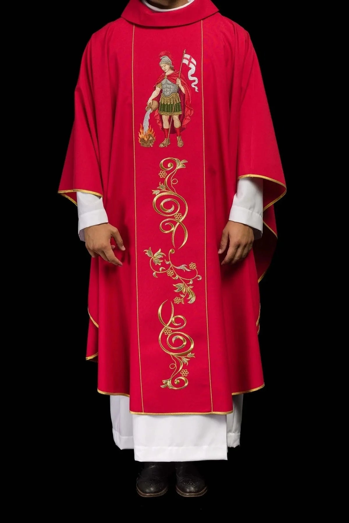 Red Chasuble with Embroidered Saint Florian Image — product view