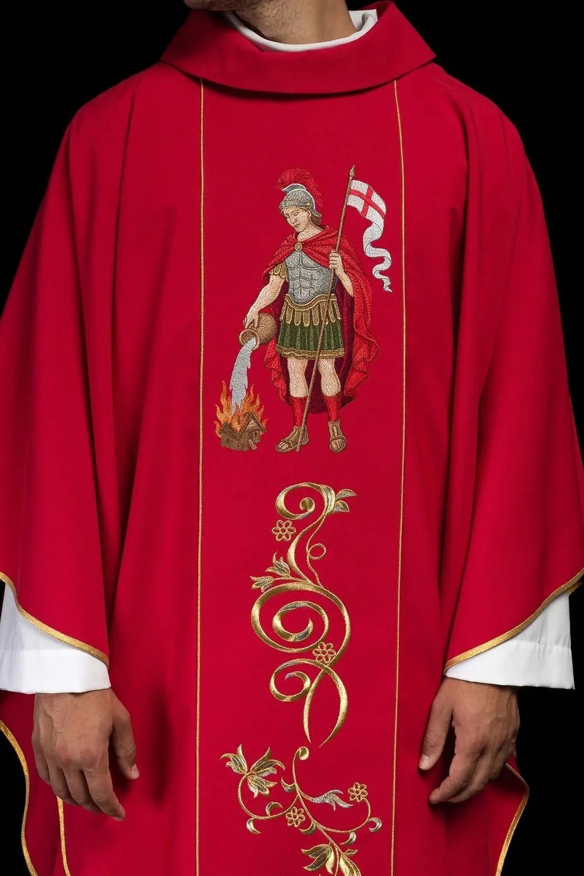 Red Chasuble with Embroidered Saint Florian Image — full view