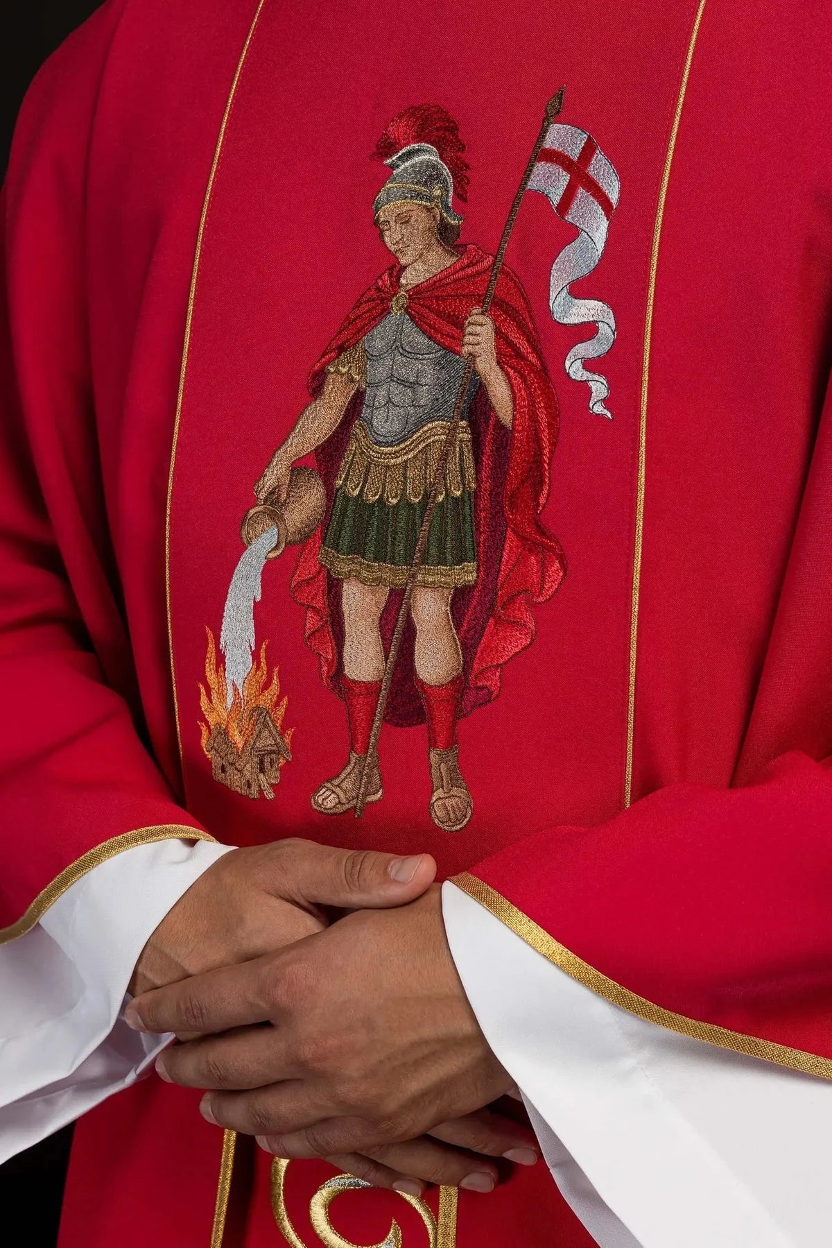 Red Chasuble with Embroidered Saint Florian Image — embroidery close-up