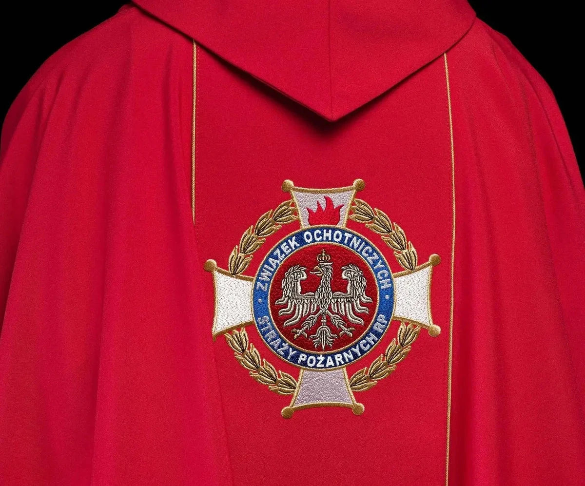 Red Chasuble with Embroidered Saint Florian Image — symbol detail