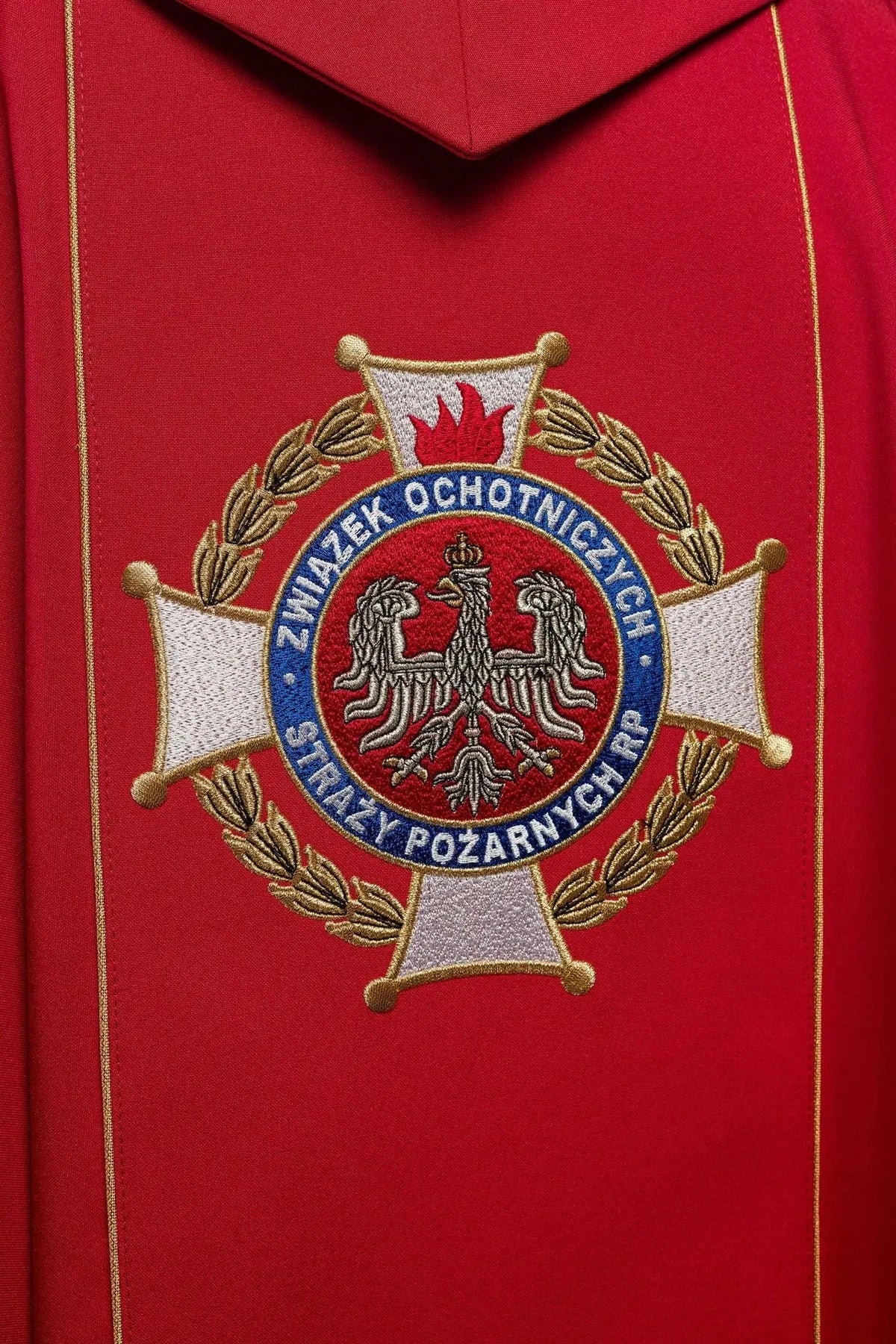 Red Chasuble with Embroidered Saint Florian Image — collar finish