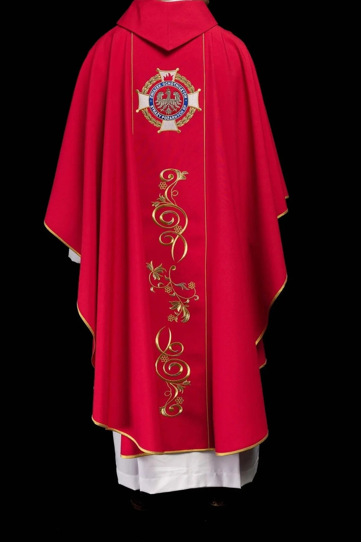 Red Chasuble with Embroidered Saint Florian Image — front view