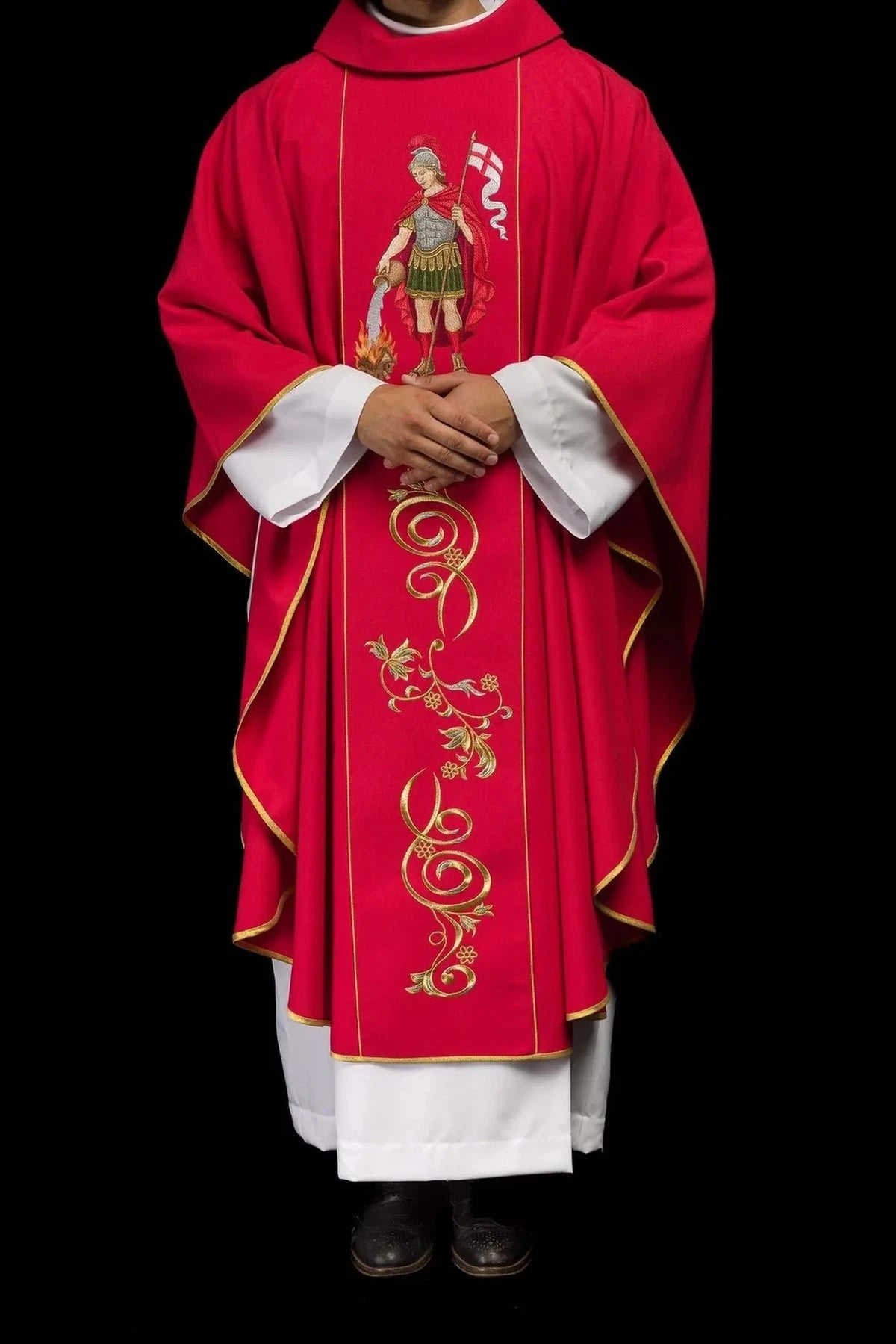 Red Chasuble with Embroidered Saint Florian Image — back view