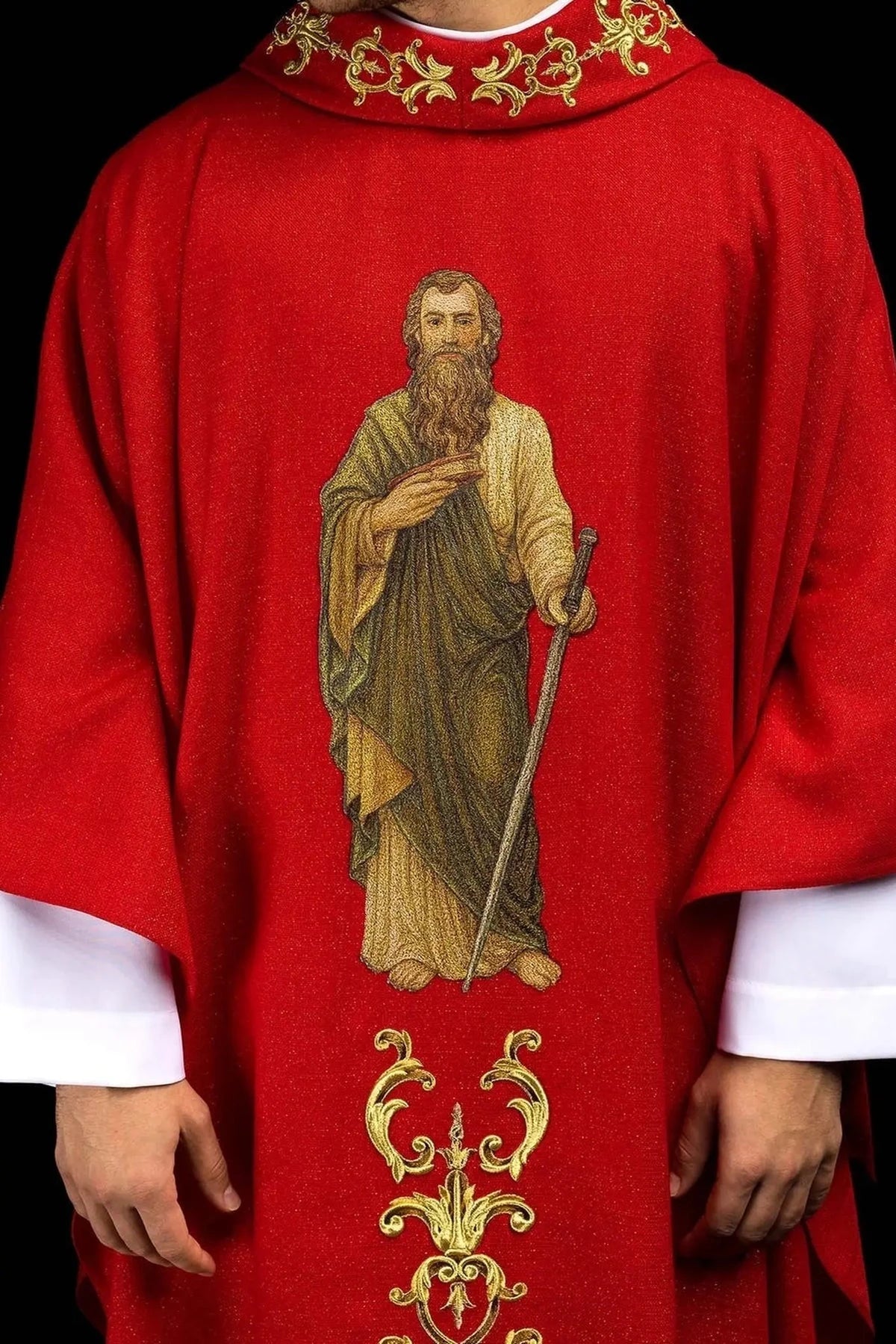 Red Chasuble with Embroidered Saint Paul Image — product view