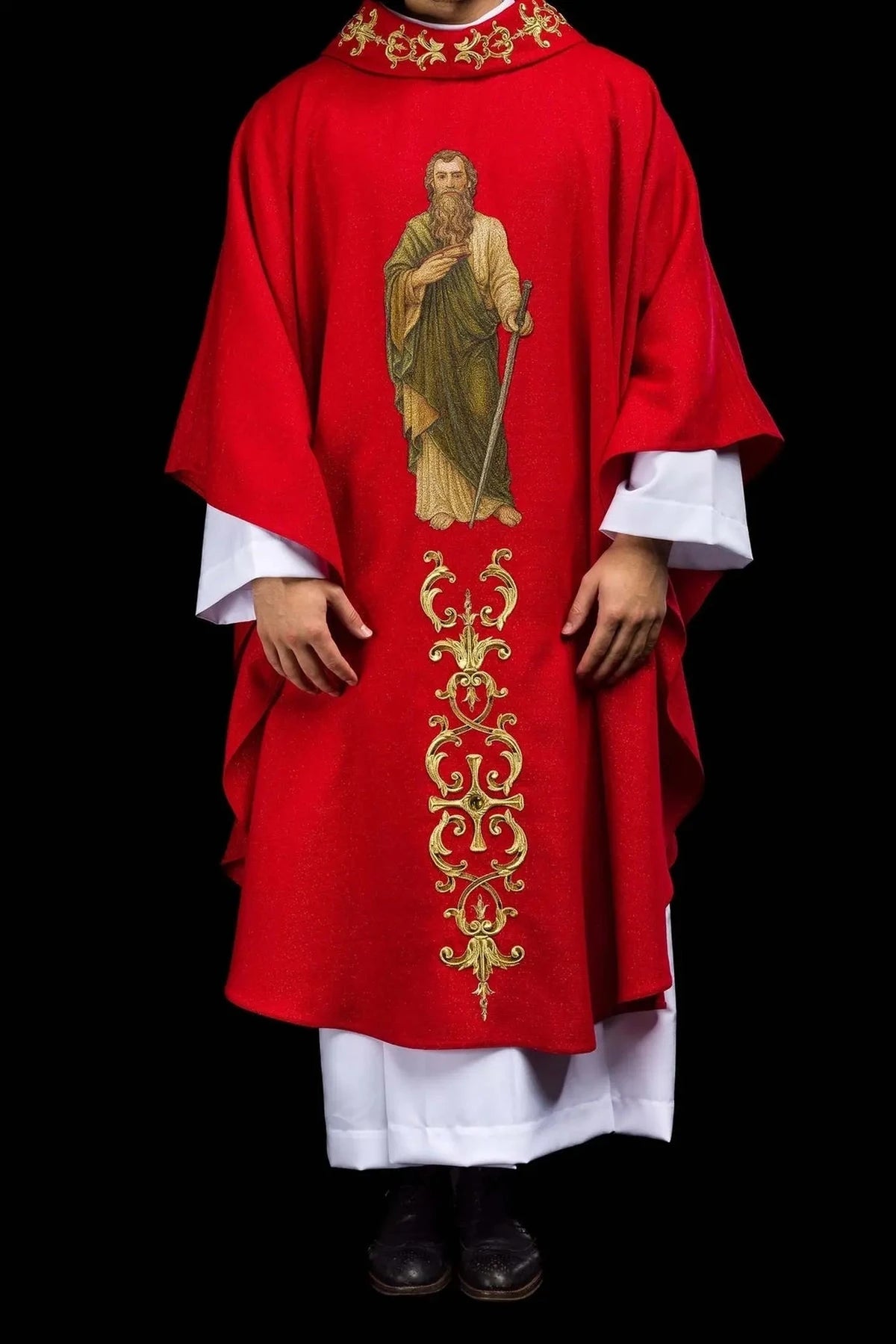 Red Chasuble with Embroidered Saint Paul Image — full view