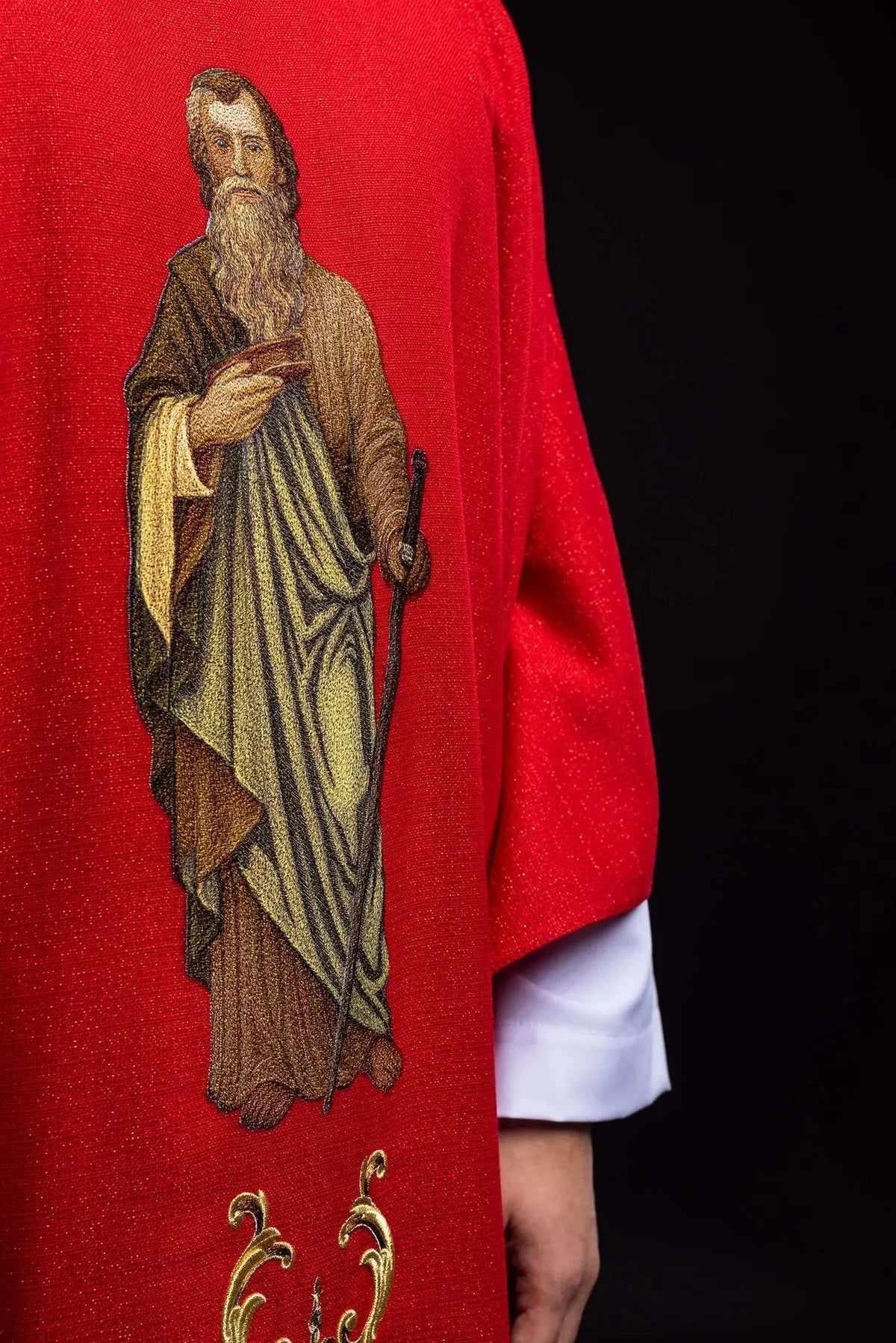 Red Chasuble with Embroidered Saint Paul Image — embroidery close-up