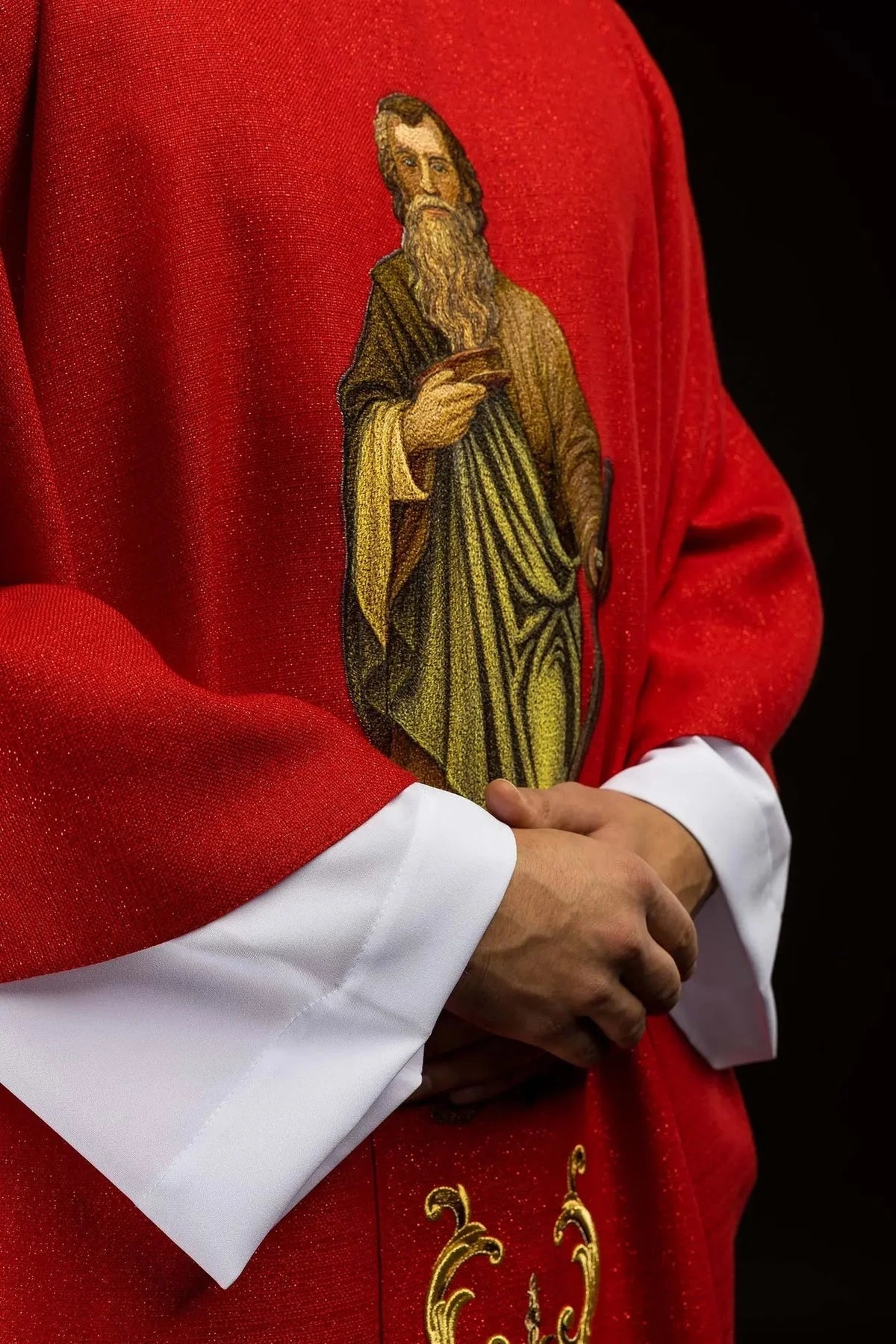 Red Chasuble with Embroidered Saint Paul Image — collar finish