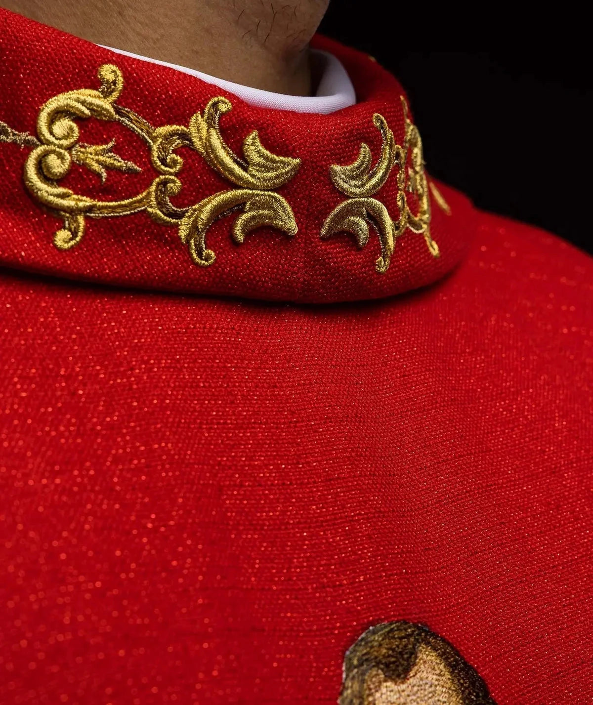 Red Chasuble with Embroidered Saint Paul Image — front view