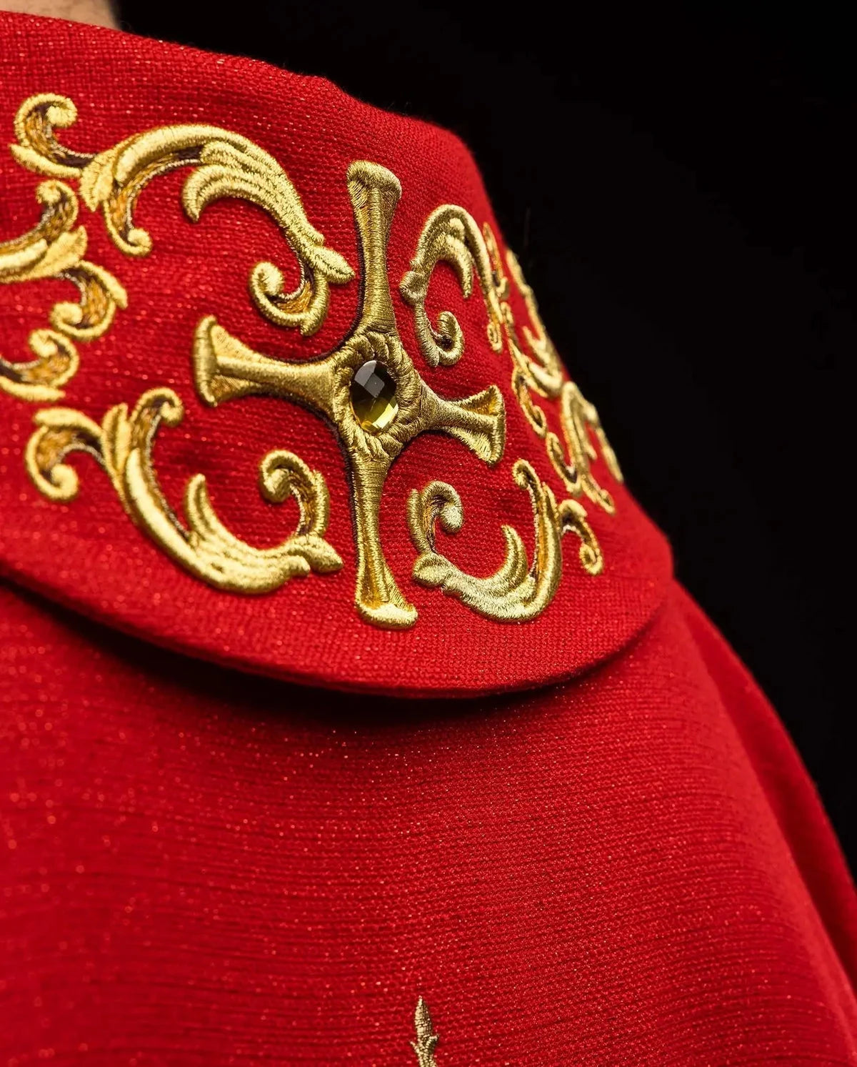 Red Chasuble with Embroidered Saint Paul Image — back view