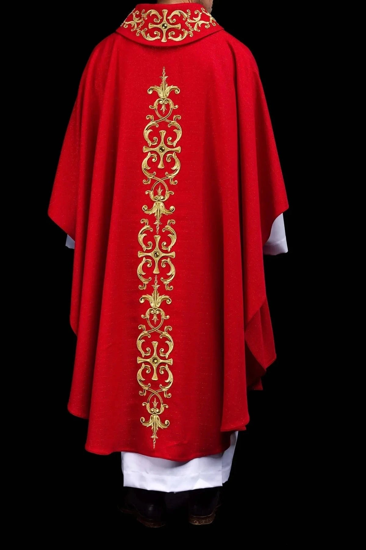 Red Chasuble with Embroidered Saint Paul Image — fabric detail