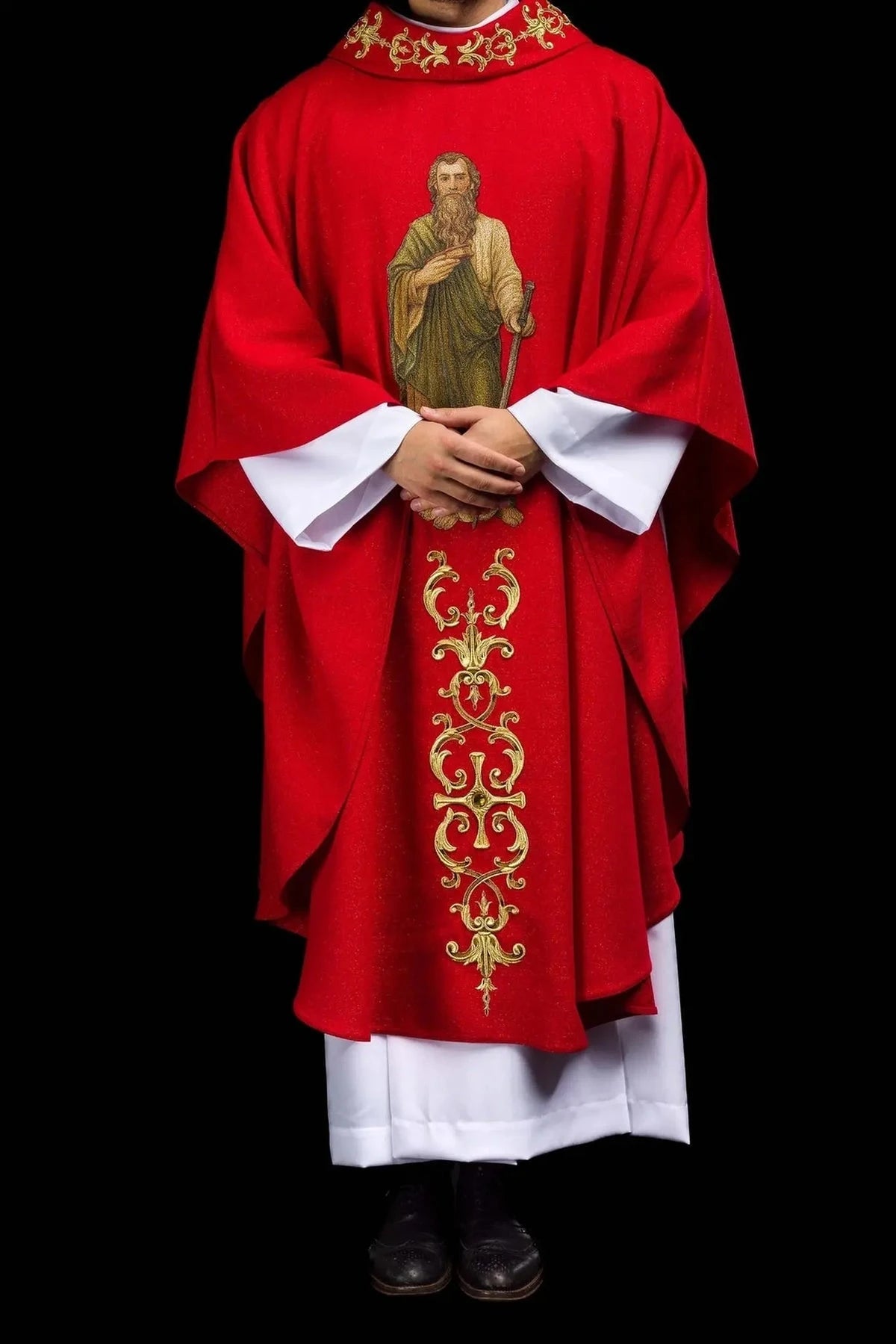Red Chasuble with Embroidered Saint Paul Image — fit on celebrant