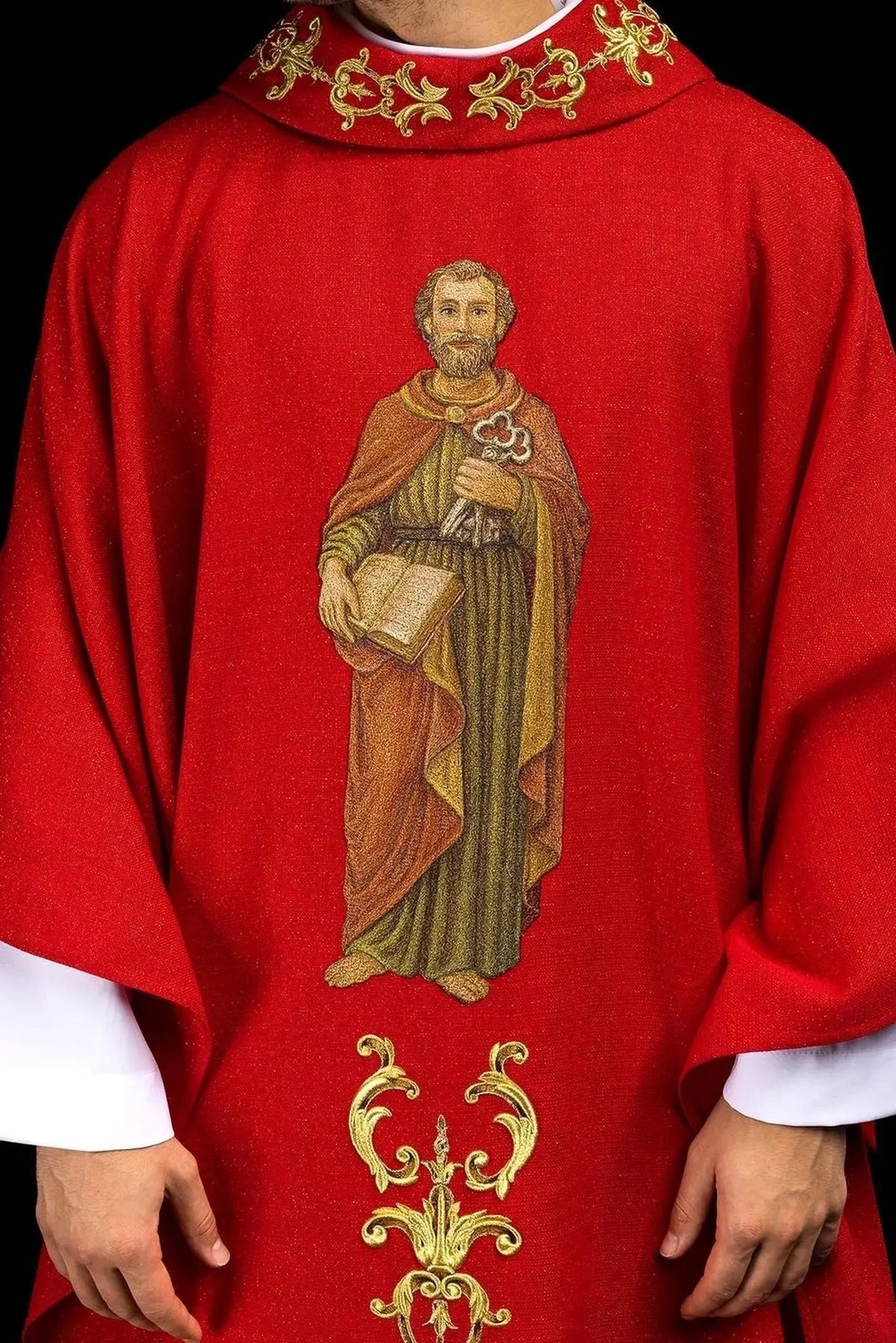 Red Chasuble with Embroidered Saint Peter Image — product view