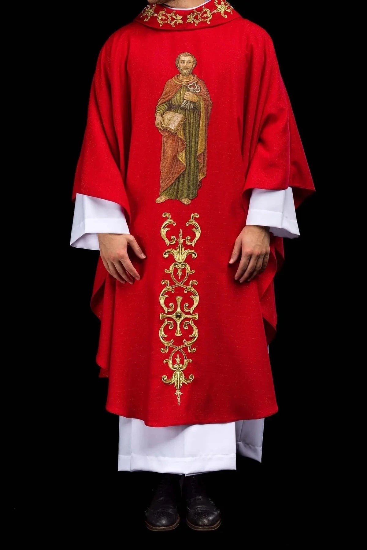 Red Chasuble with Embroidered Saint Peter Image — full view