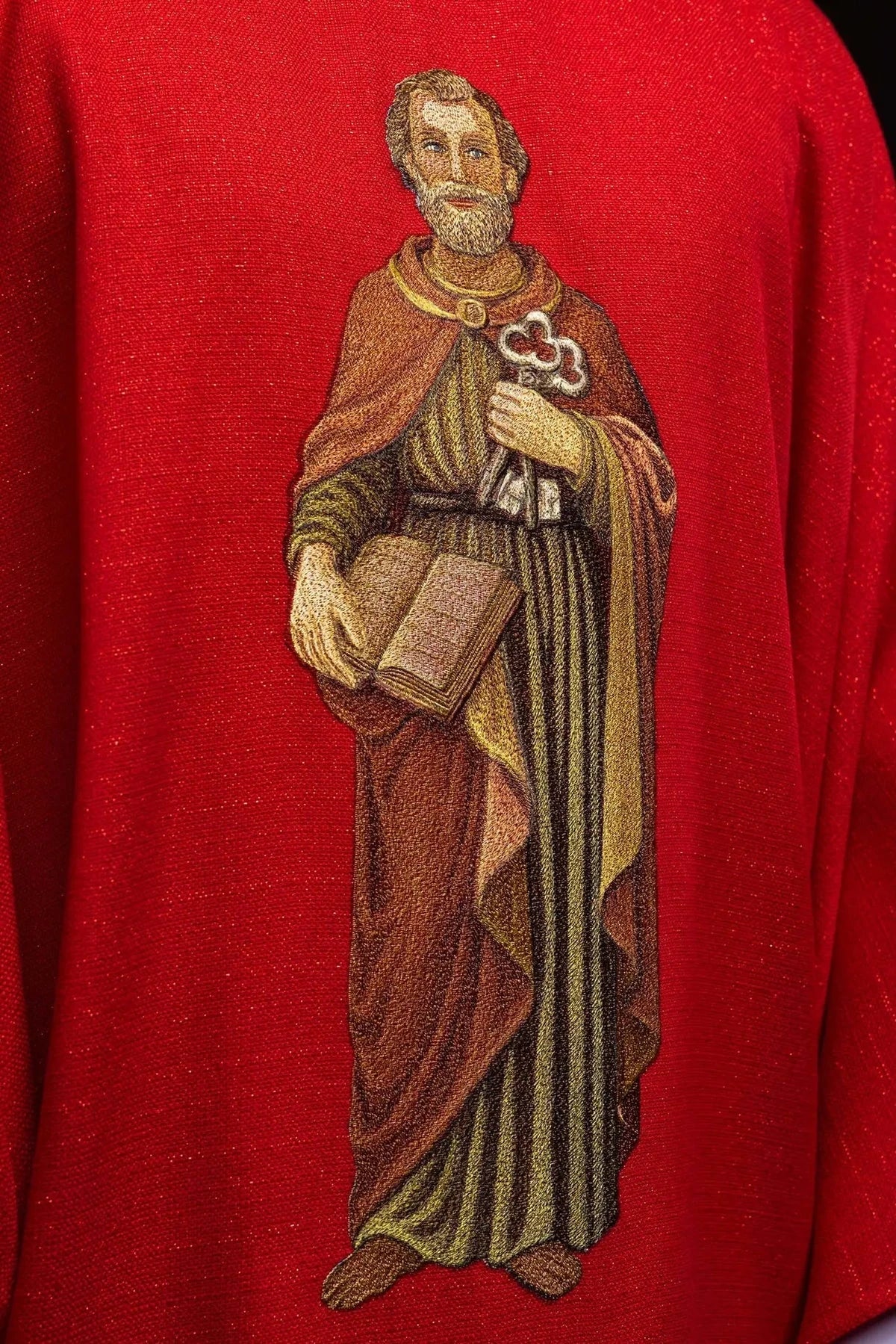 Red Chasuble with Embroidered Saint Peter Image — embroidery close-up