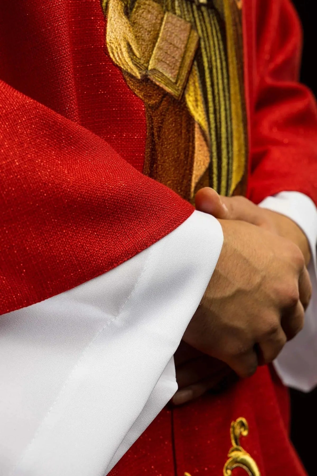 Red Chasuble with Embroidered Saint Peter Image — collar finish