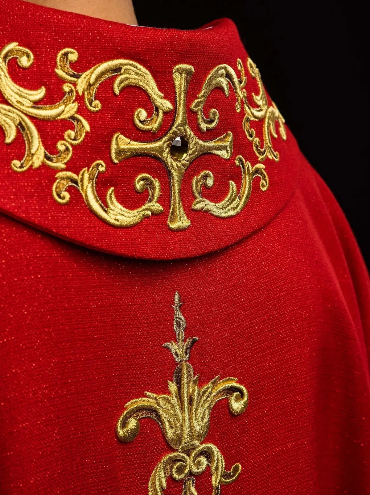 Red Chasuble with Embroidered Saint Peter Image — back view