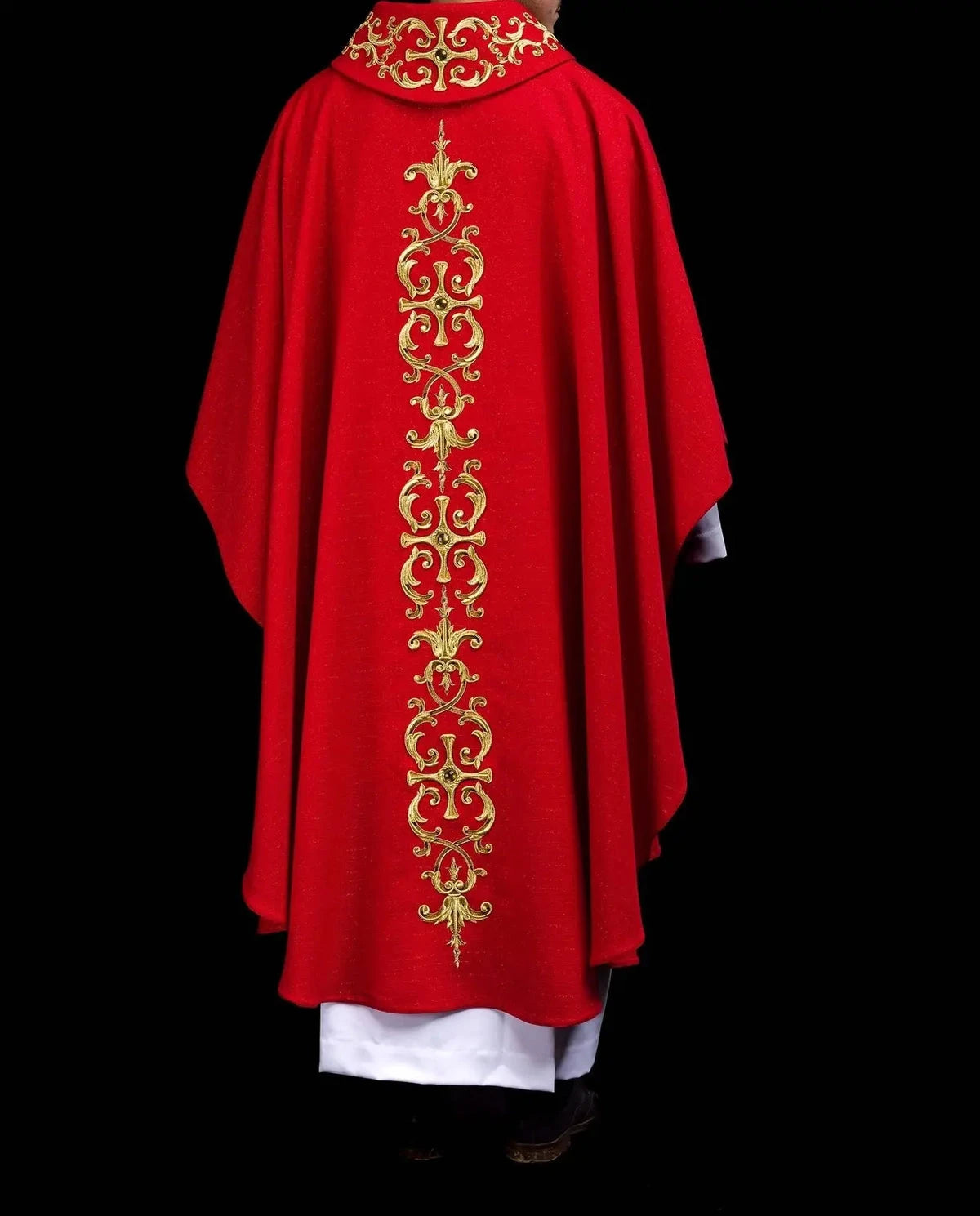 Red Chasuble with Embroidered Saint Peter Image — fabric detail