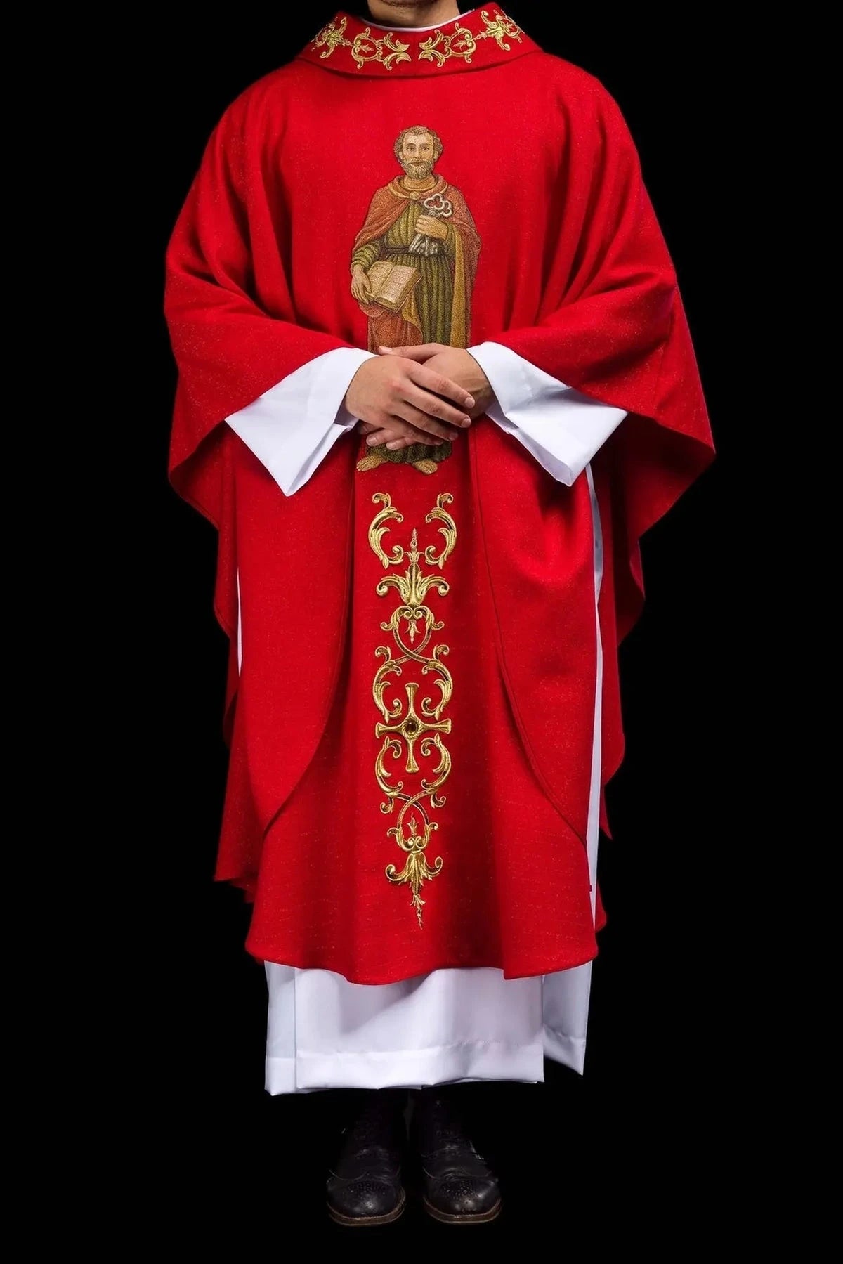 Red Chasuble with Embroidered Saint Peter Image — fit on celebrant